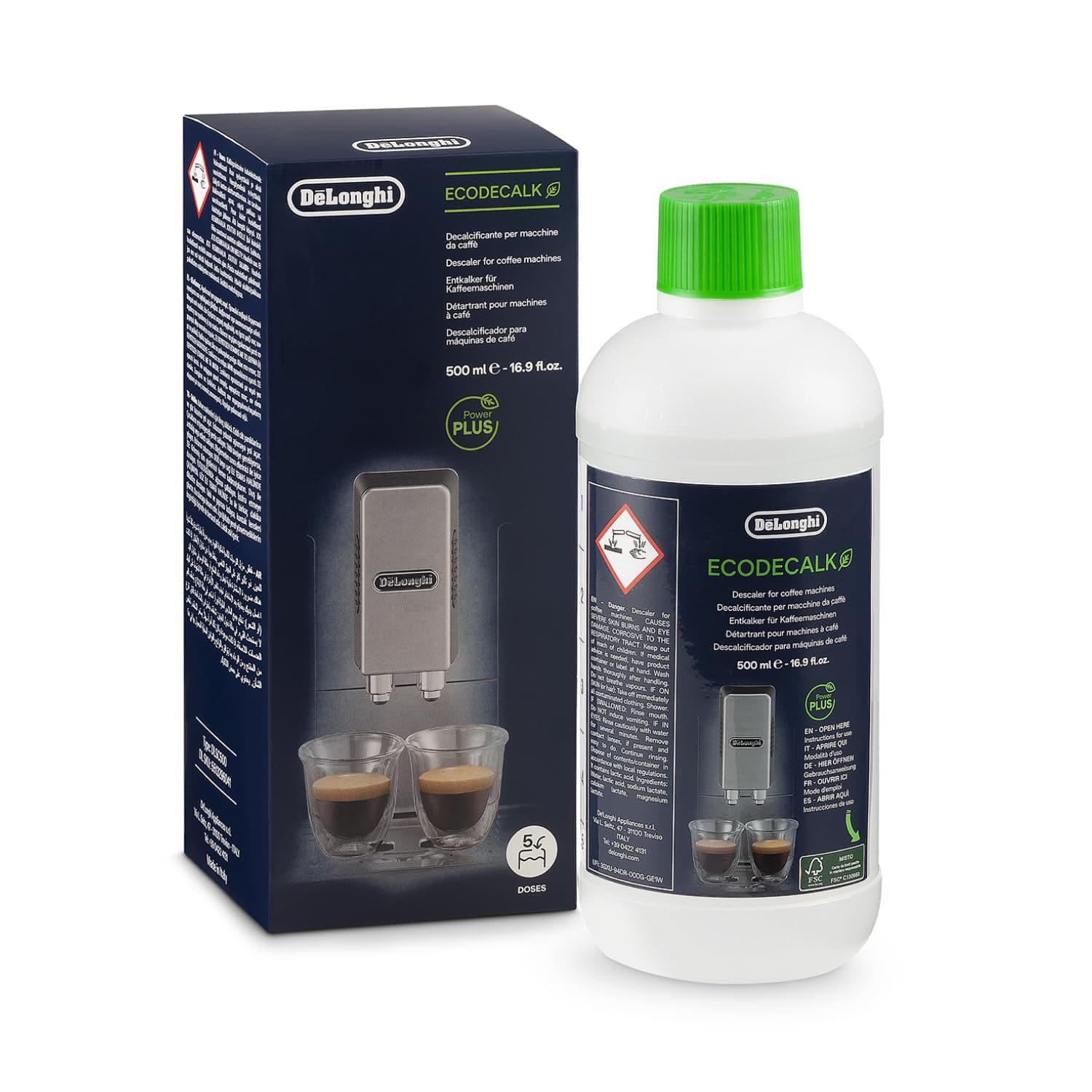 De'Longhi EcoDecalk Descalcificador DLSC500, 5 Dosis De Descalcificación, Accesorio De Mantenimiento Para Máquina De Café, Ingredientes De Origen Vegetal, Botella Con 5 Dosis, 500ml