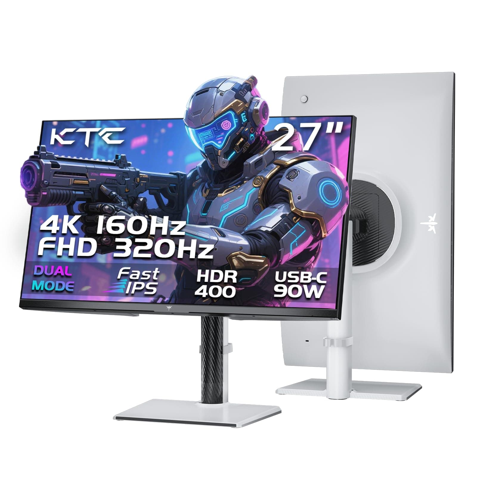 KTC Monitor Gaming 4K 27 Pollici | Modalità Doppia 4K@160Hz / FHD@320Hz | Pannello IPS Veloce | Tempo di Risposta 1ms | HDR400 | Adaptive Sync | 125% sRGB, 97% DCI-P3, ΔE<2 | USB C 90W | KVM | Bianco