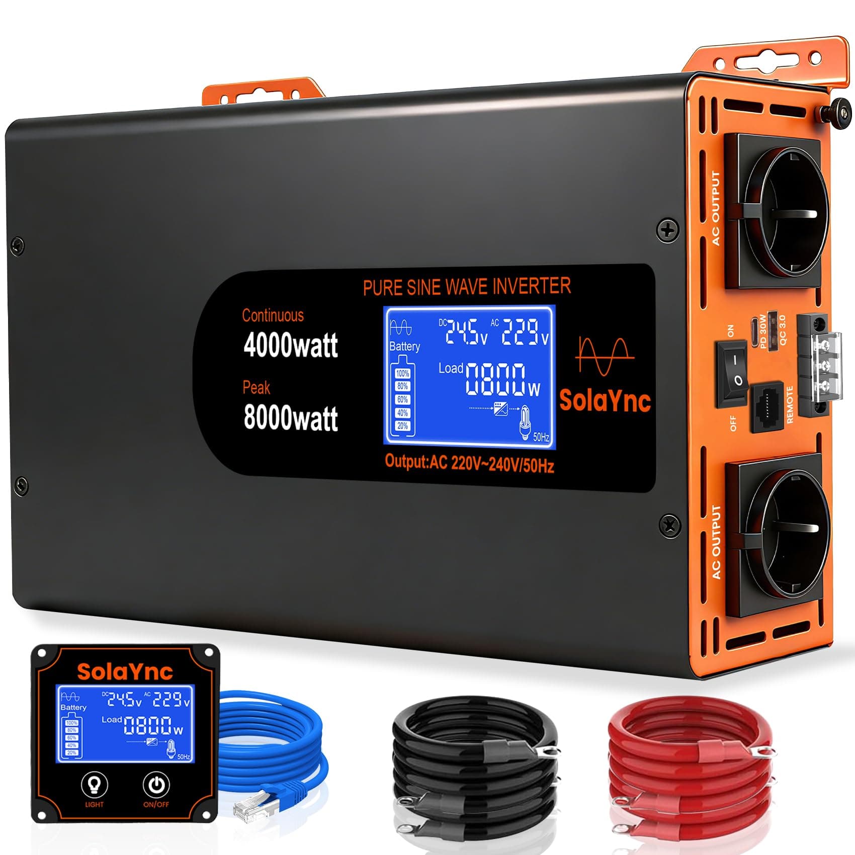 SolaYnc 4000W/8000W Convertisseur 24V 220V/230V Pur Sinus | avec écran LCD, télécommande, 2 Prises AC EU, Interface Type-C 30W et Port USB,pour Voitures, Bateaux, camions