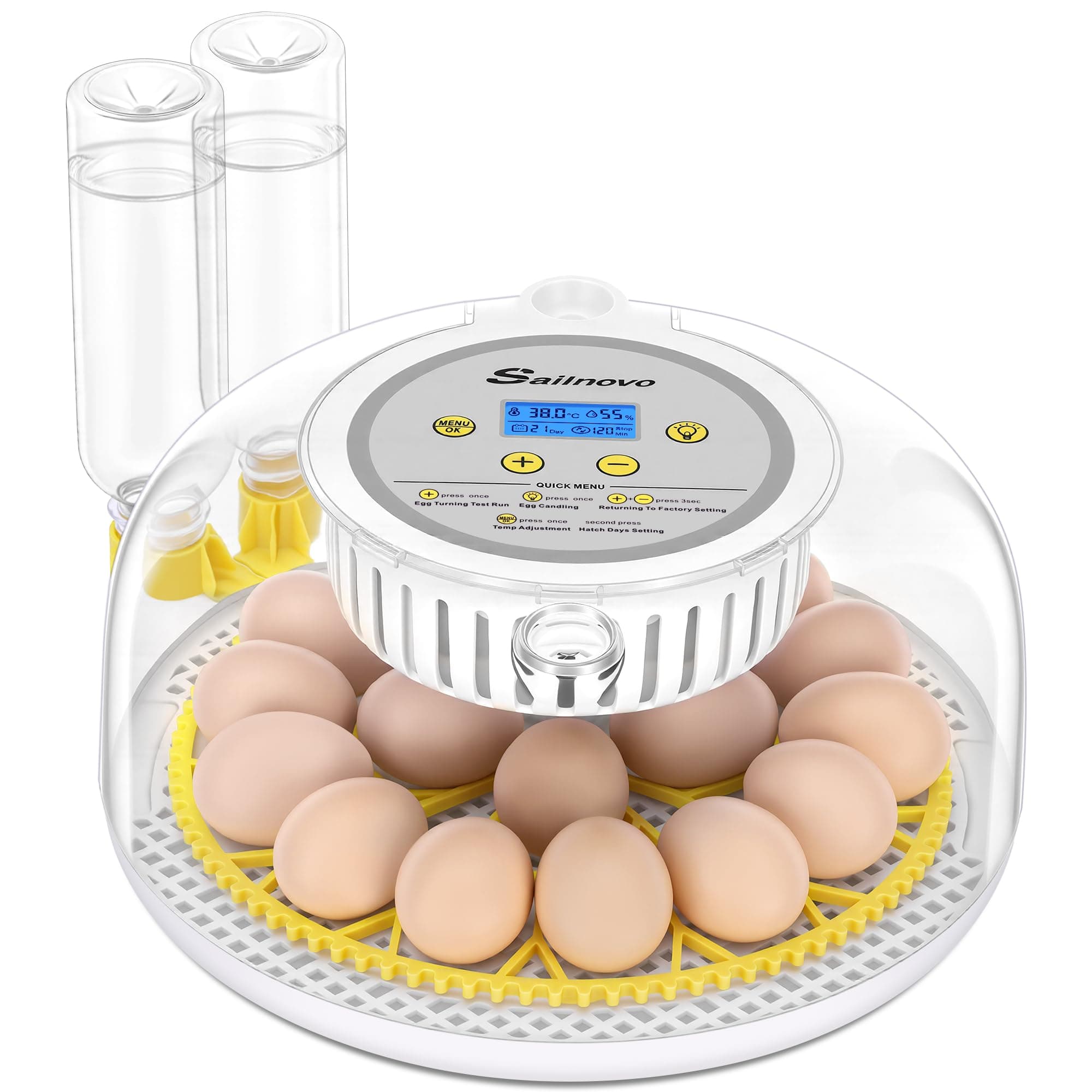 Sailnovo Incubadora Automática para 18 Huevos, Control de Temperatura y Automático de Humedad,Días de Eclosión,Rotación y Parada Automáticas, Vela de Huevo – Vista de 360° Incubadora (Amarillo)