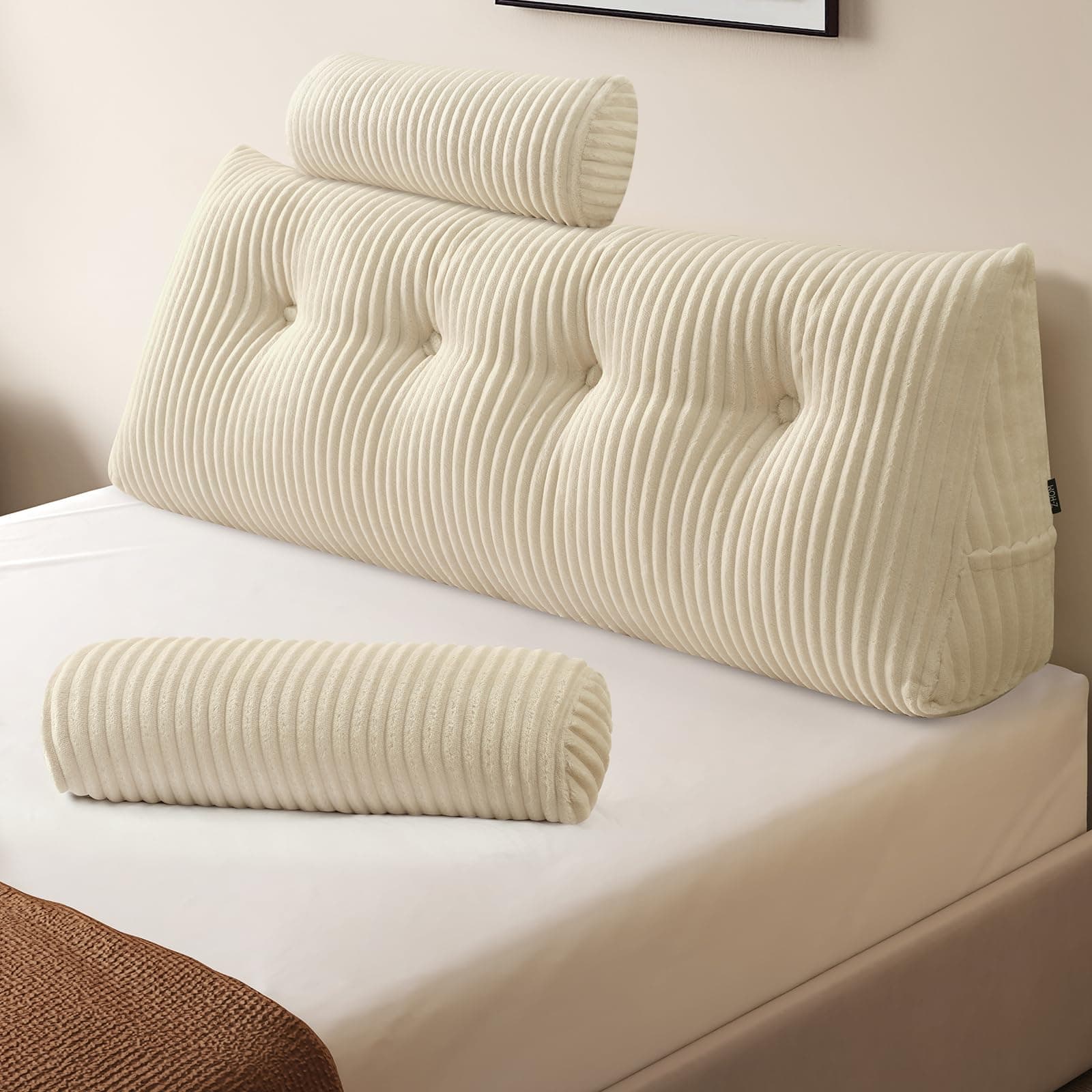 Z-hom Cojín para Libros, cuña, cojín de Lectura para Cama y sofá, cojín de Espalda, práctico Compartimento Lateral, Cubierta extraíble, con Almohada Redonda (Crema, 120 * 50 * 20cm)