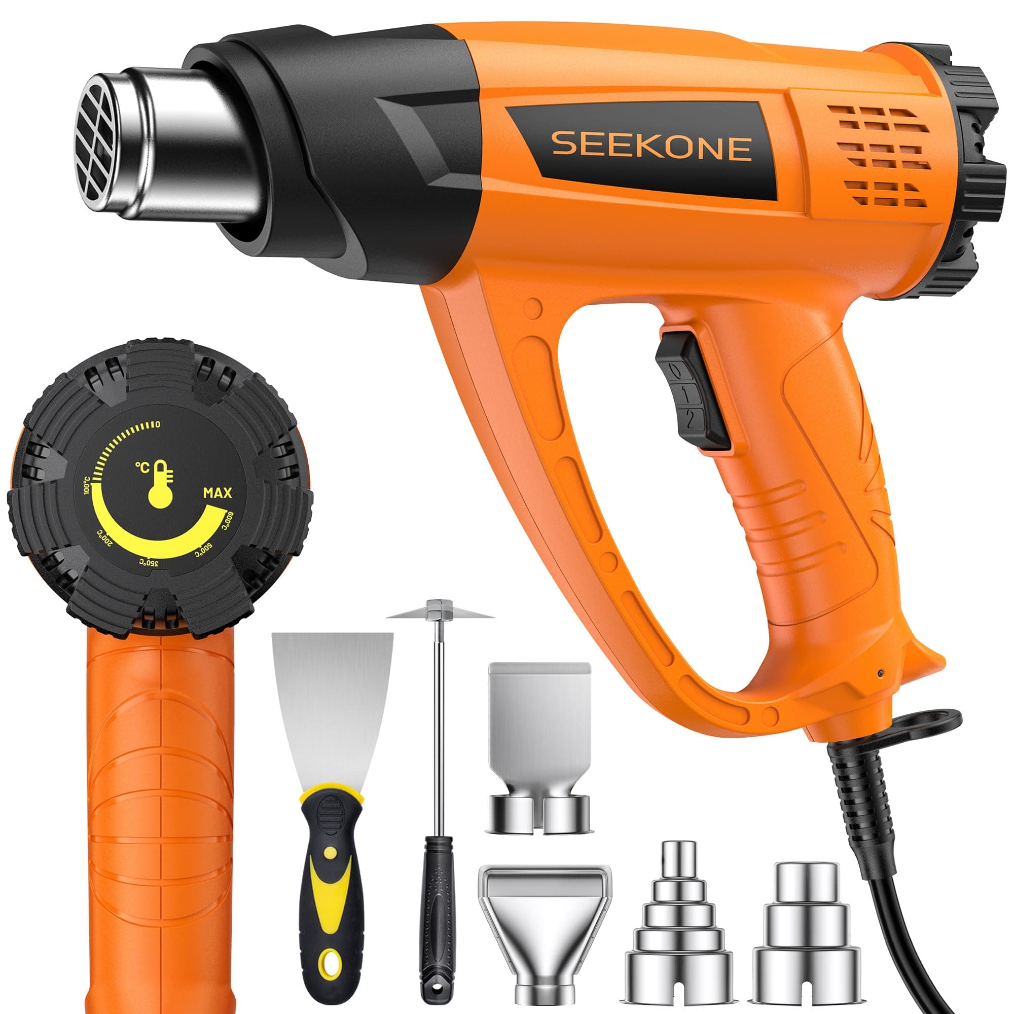 SEEKONE 2000W Pistola de Calor, 60℃-600℃ Pistola de Aire Caliente de Temperatura Variable, Kit Decapador con 7 Accesorios, Núcleo de Cerámica para Soldar, Quitar Pintura y Calentar