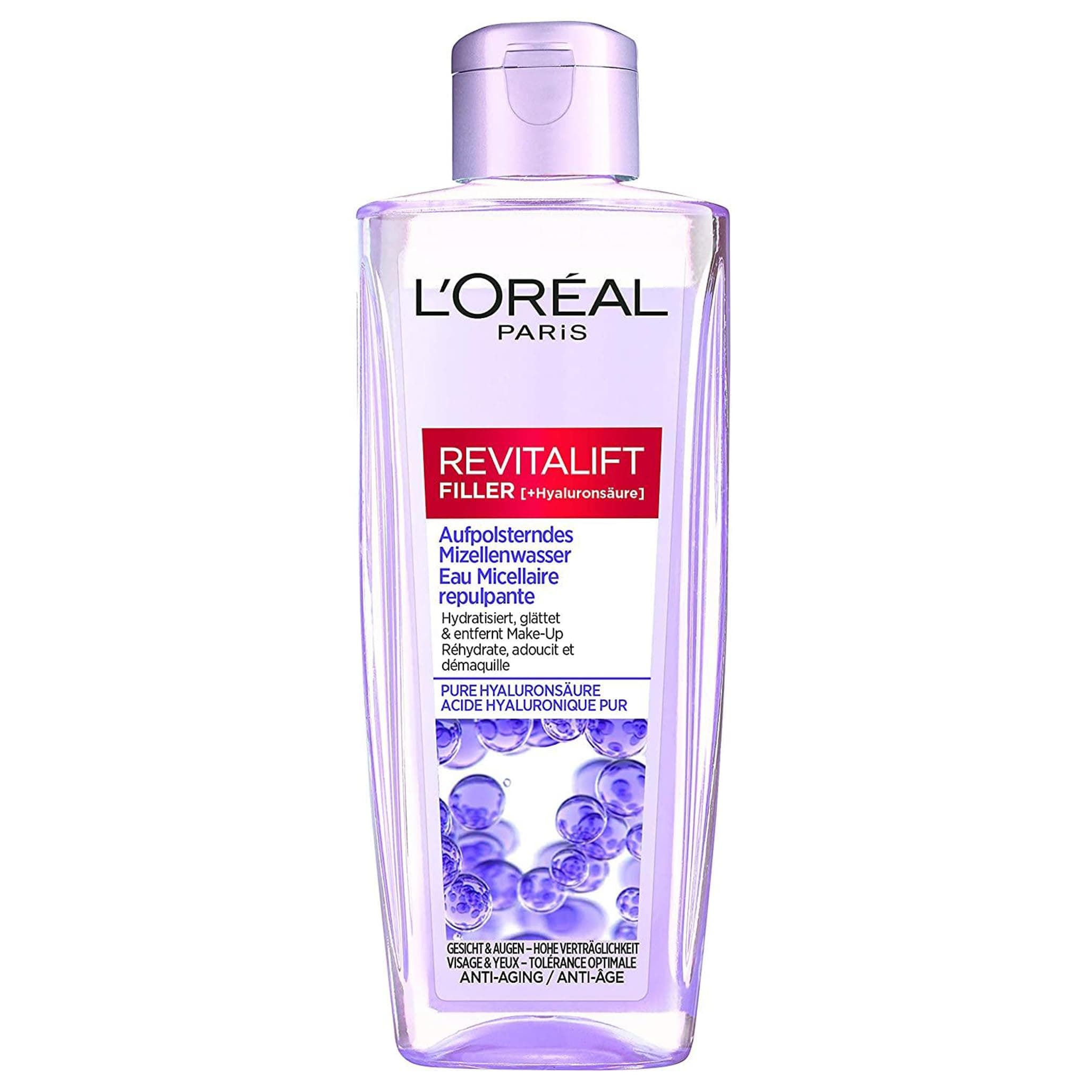 L'Oréal Paris Aufpolsterndes Mizellenwasser für Frauen, für eine hydratisierte und erfrischte Haut nach der Reinigung mit purer Hyaluronsäure, Revitalift Filler, 1x 200ml