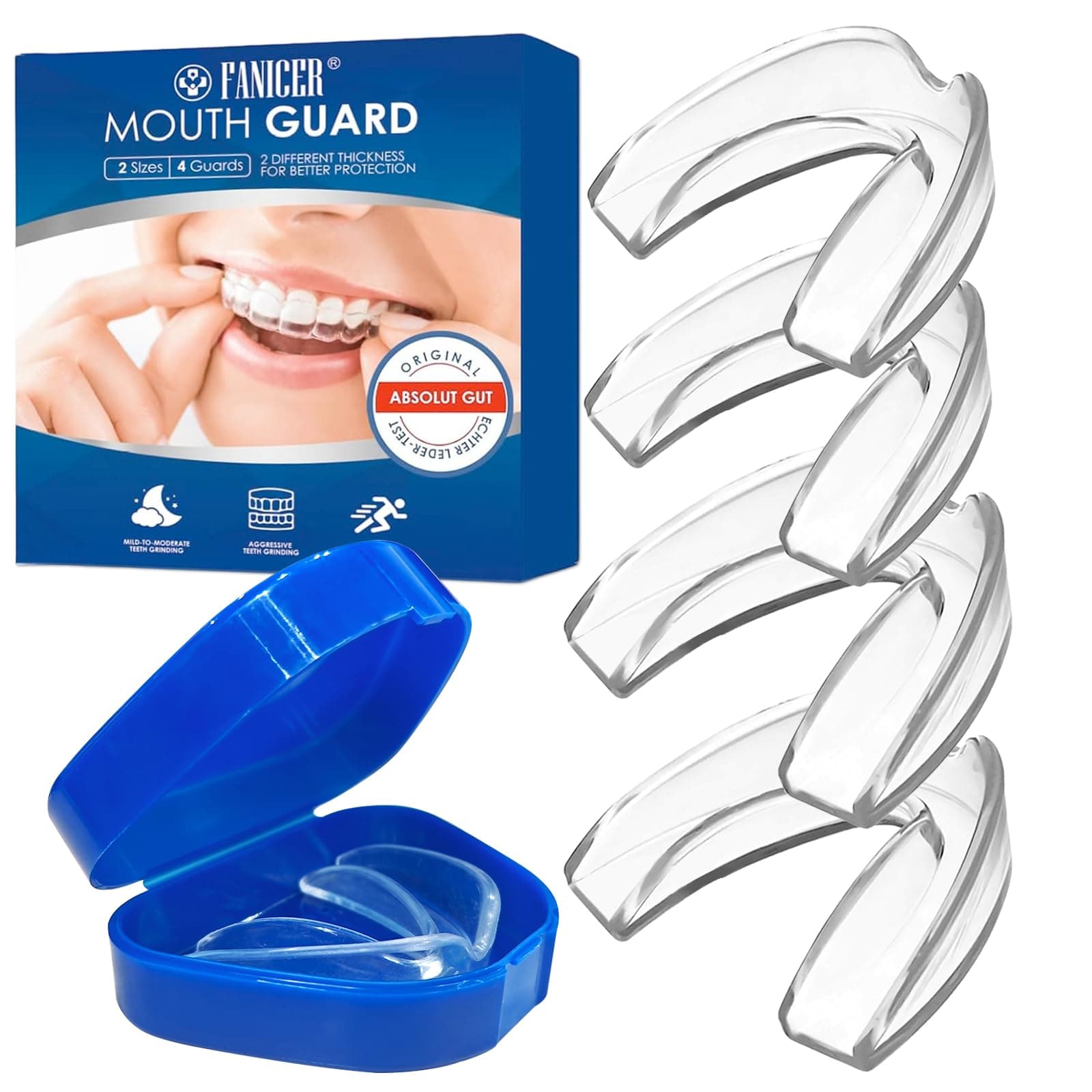 4 Piezas Ferula Descarga Bruxismo, Bruxismo Dental Noche, Férula de Descarga in 2 Tamaños, Protector Bucal para Dormir, Protector Bucal Bruxismo con Caja, Prevenir el Bruxismo y Roncar