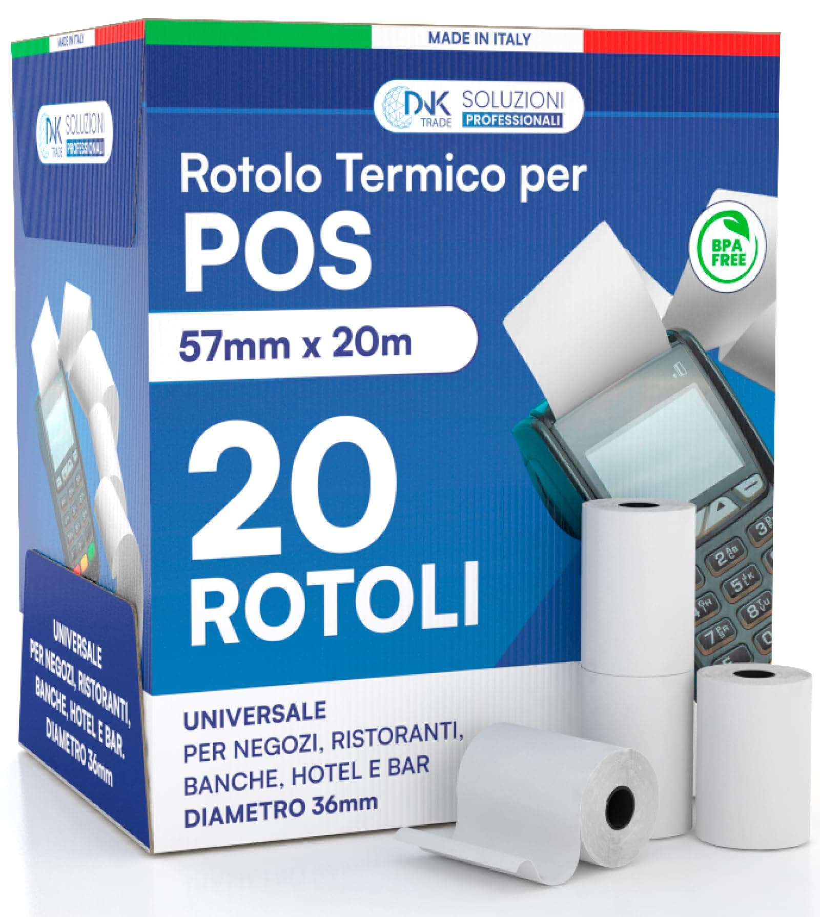 DNK TRADE, 20 Rotoli pos in carta termica di alta qualità 57x20 metri, ideali per i dispositivi POS Nexi, Nexa, Sumup e altri dispositivi POS compatibili. (20)
