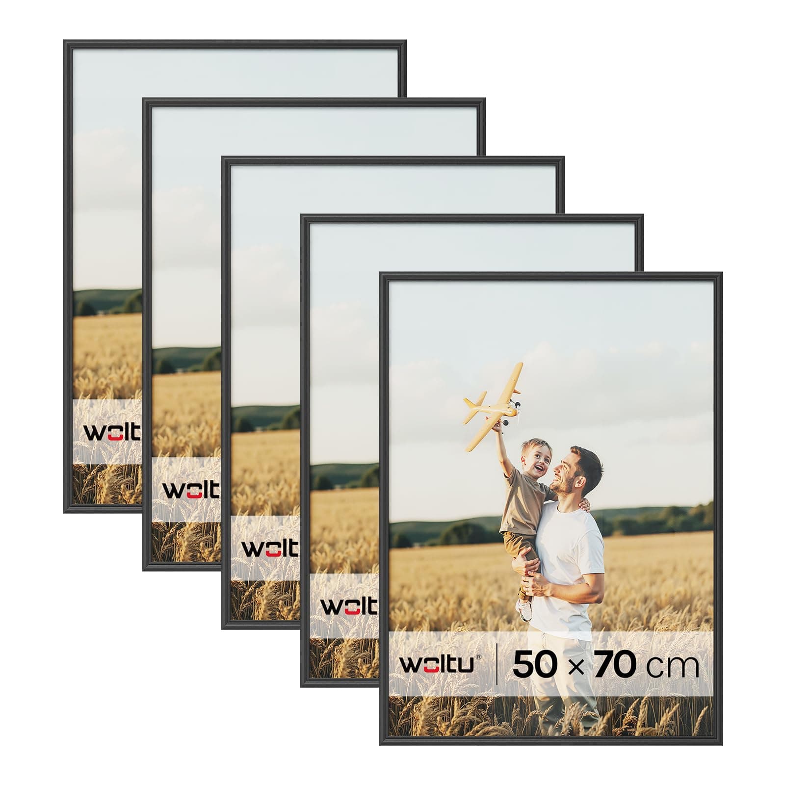 WOLTU Bilderrahmen 50x70 cm Schwarz, 5er Set Fotorahmen aus Massivholz und PS-Platte, Holzrahmen mit Passepartout für Fotos 40x50, zum vertikalen oder horizontalen Aufhängen/Aufstellen, Rahmen