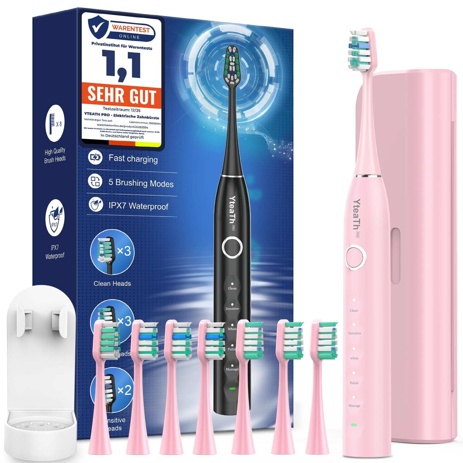 Spazzolino Elettrico Sonico per Bambini Adulti con 8 Testine - Spazzolino Denti Sonico con Custodia da Viaggio, 5 Modalità, Spazzolino Elettrico 6-12 Anni, Rosa Ciliegia