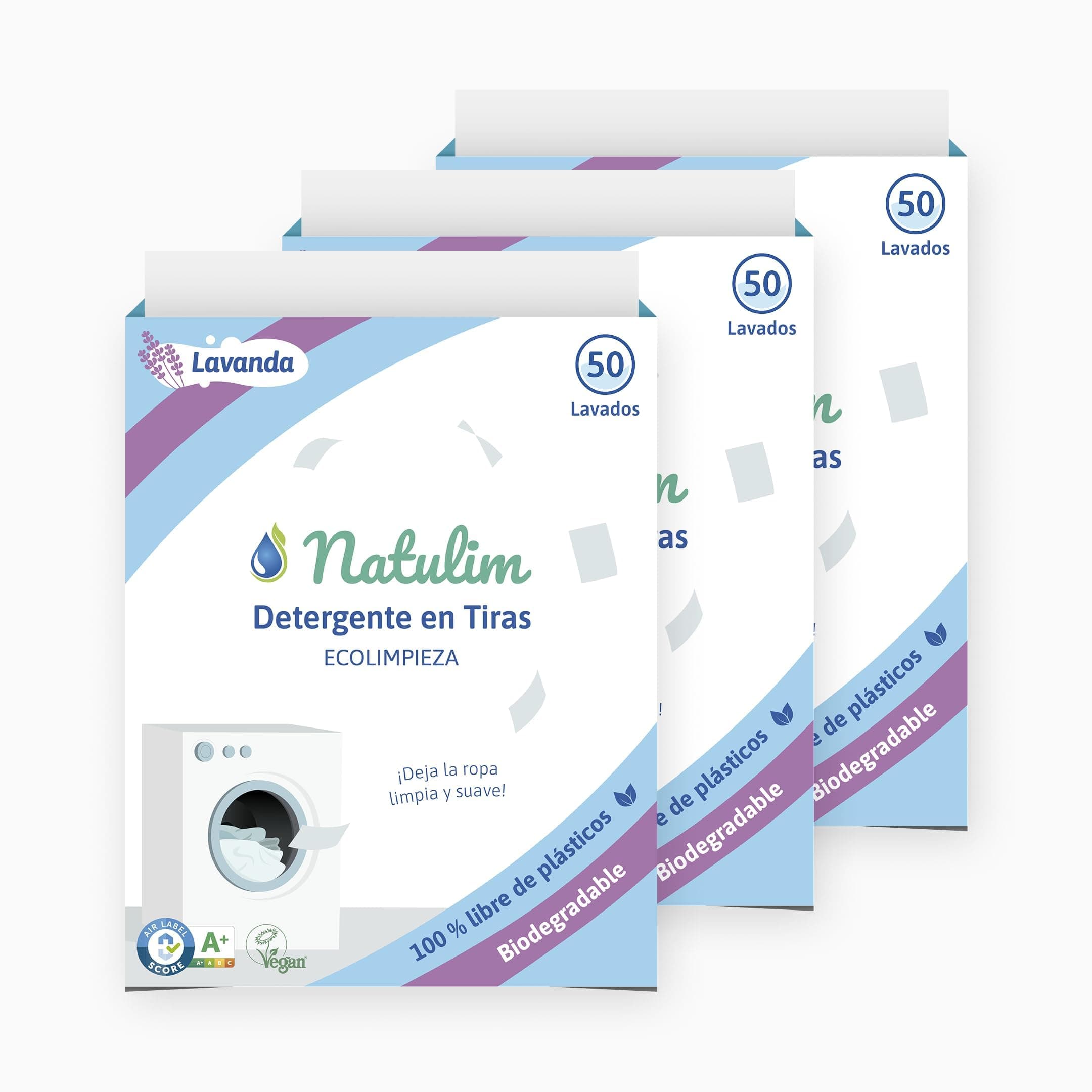 Natulim - Detergente en Tiras para Lavadora (150 Lavados) - Incluye efecto Suavizante, Ecológico, Hipoalergénico, Made in Spain - Ropa limpia y suave sin ensuciar el Planeta (Lavanda) - 3 Pack