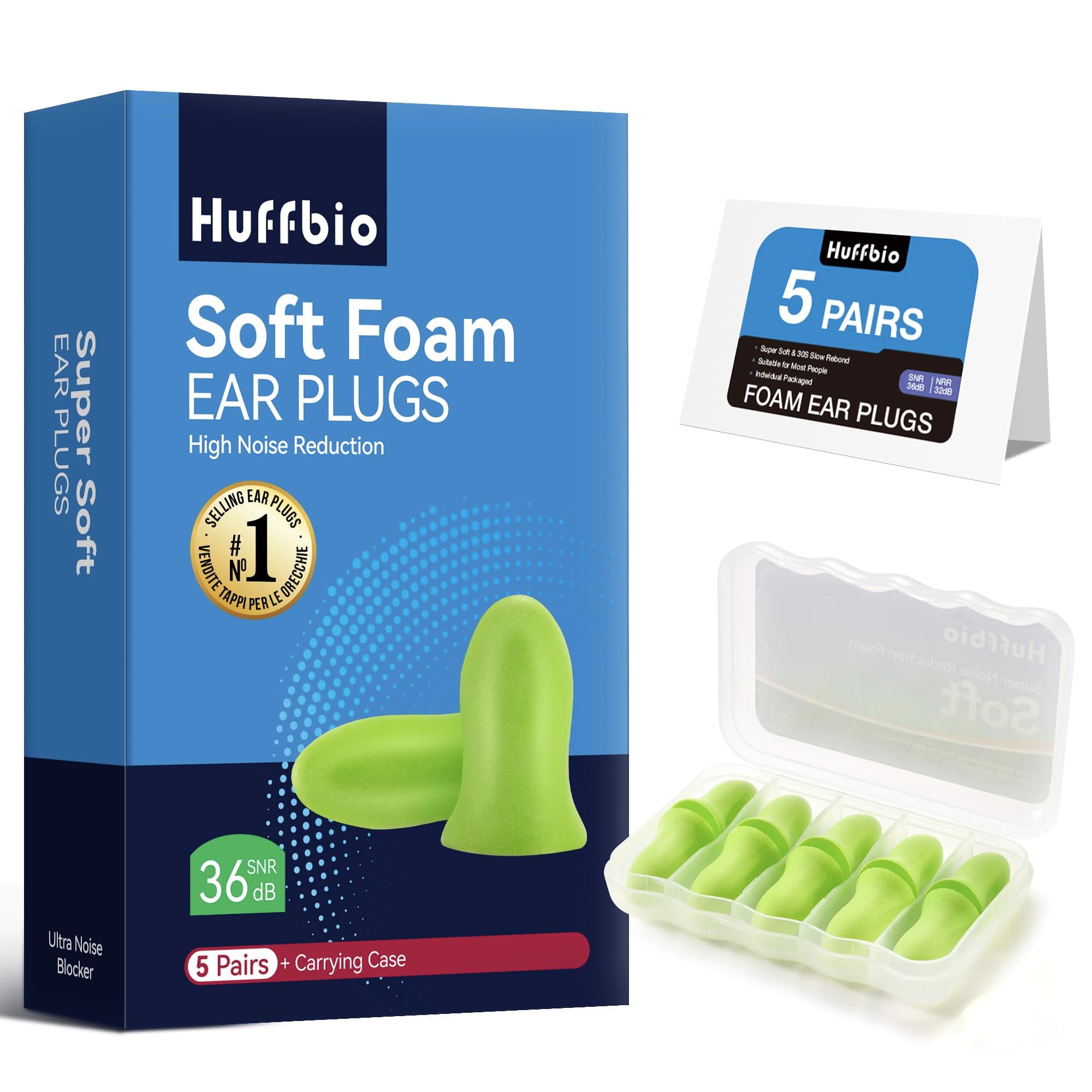 HUFFBIO Schiuma Adaptive Tappi Orecchie Dormire - Lab-Test 36dB SNR, SGS Ipoallergenici e Pelle Sicura, Ergonomia Bassa Pressione | 5 Paia, Ideali Per Laterali E Sonno Leggero