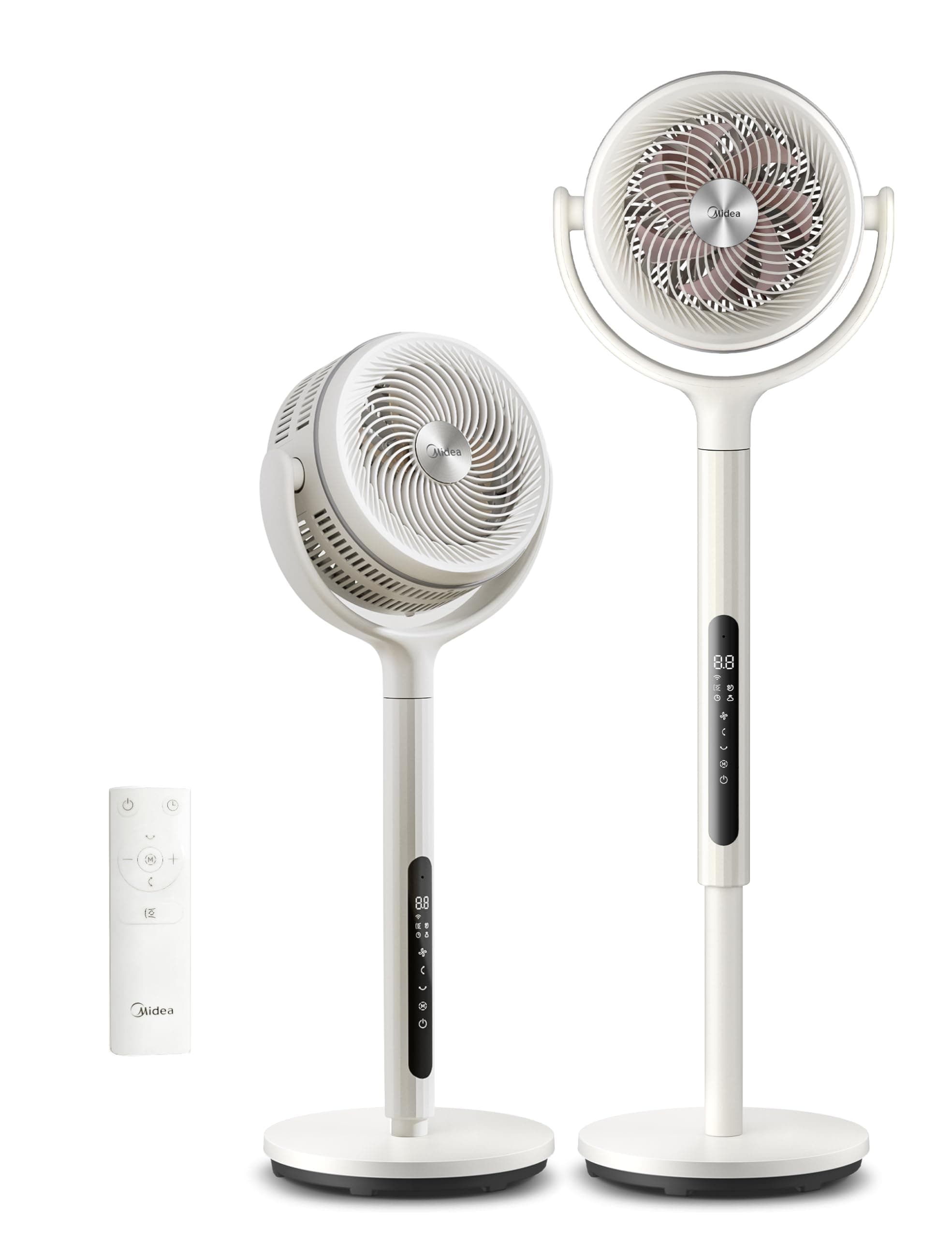 Midea MCF25GRW Ventilatore a Piantana Silenzioso 21db, 135°+120° Omnidirezionale Oscillazione, Motore DC & Doppia Lama, 12 Velocità & 24m Distanza, Timer 15H con Telecomando, Altezza Regolabile