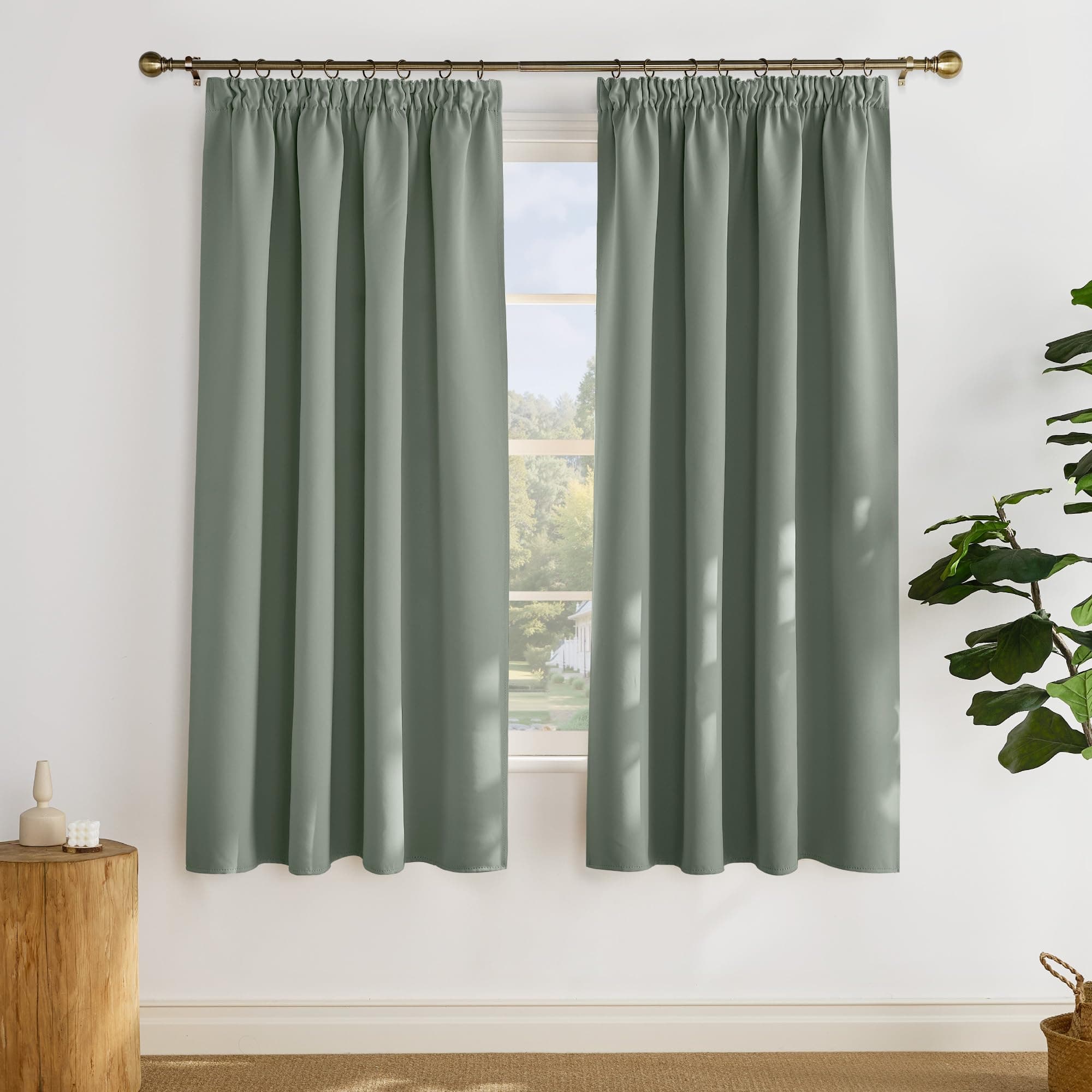 PONY DANCE Verdunklungsvorhänge mit Kräuselband für Schiene 2er Set H 175 x B 140 cm Salbeigrüne Gardinen Blickdicht Schlafzimmer Vorhänge Kurz Fenster Thermogardinen Hitzeschutz