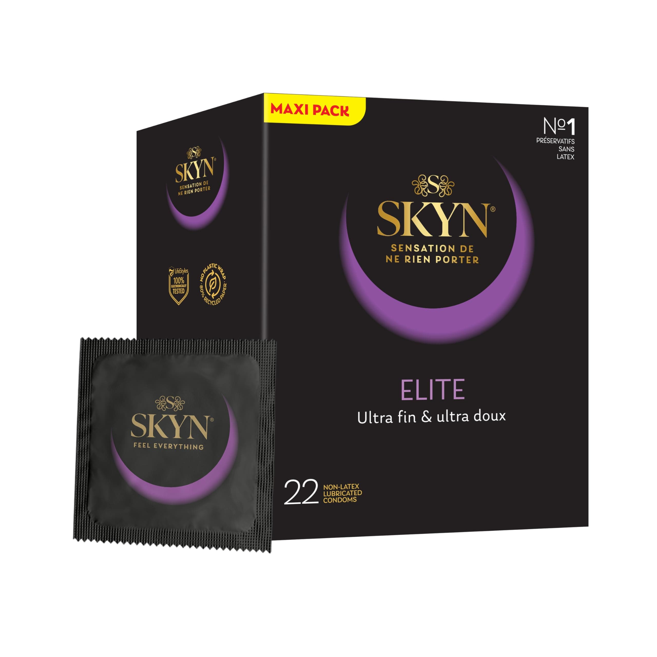 Skyn Elite : Lot de 22 Préservatifs sans latex Skynfeel pour Homme/Taille Régulière, Ultra-Fins et Doux, Forme Droite et Lisse/Largeur nominale 53mm