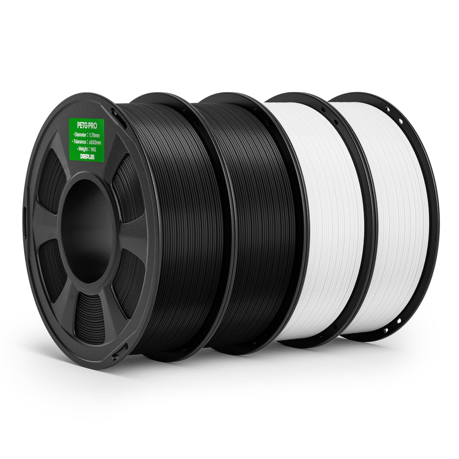 DEEPLEE PETG Pro 1.75 mm, Kit 4 Bobinas 2 Negro + 2 Blanco (4 kg). Resistencia UV e Intemperie. Transmisión de Luz Superior. Sin Obstrucciones ni Hilos. Compatible con la mayoría de impresoras FDM.