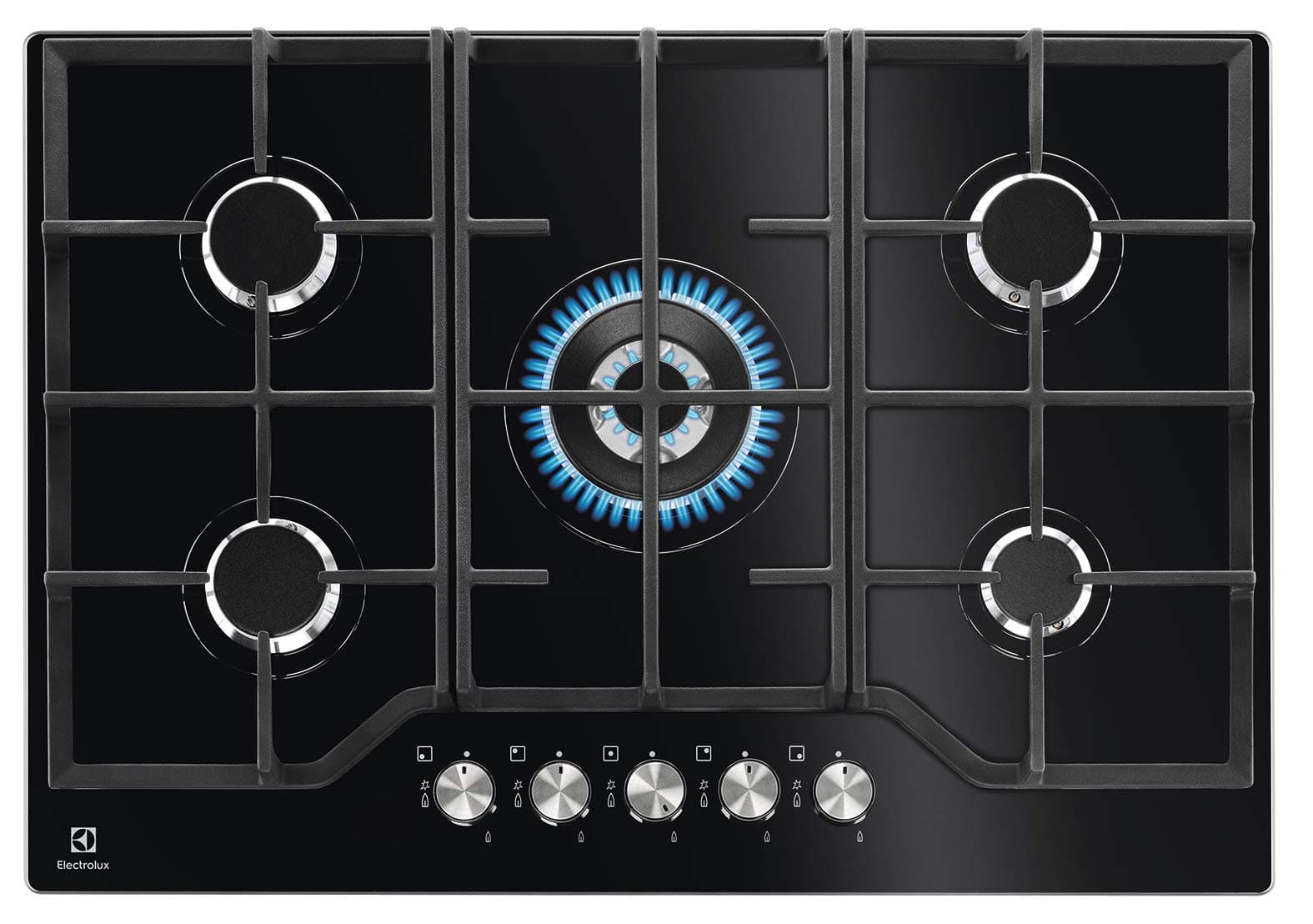 Electrolux Piano Cottura Gas EGG7536K Serie 600 Gas on Glass75cm da Incasso,5 Fuochi,Bruciatore Wok,Precisa Regolazione della Fiamma,Speed Burner,Semplice da Pulire,Sicurezza Sicurgas, 740x510cm,Nero