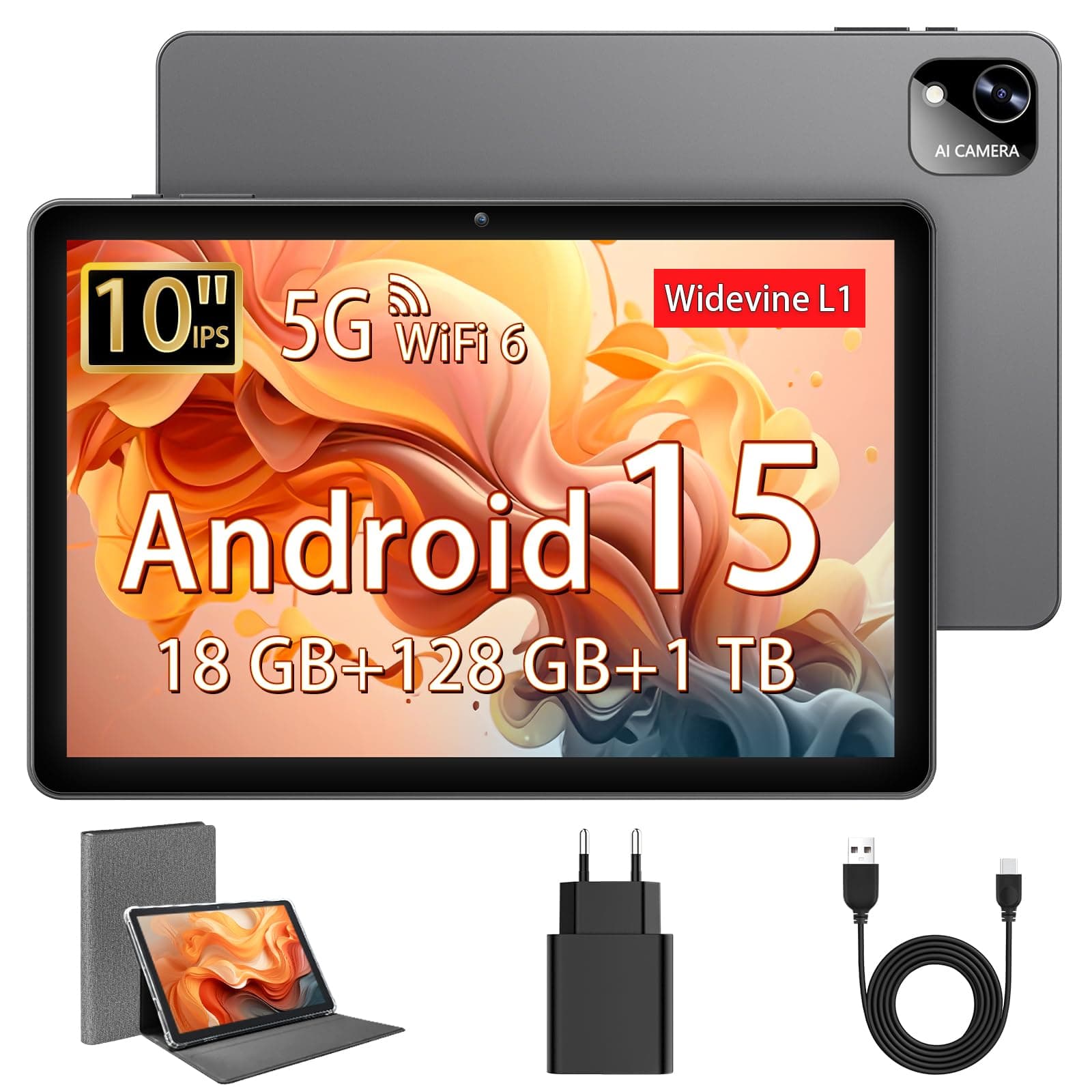 Tablet 10 Pulgadas, Tableta Android 15 con Funda, Octa-Core, 18 GB RAM + 128 GB ROM + 1 TB TF, Pantalla HD IPS 1280 x 800, Cámara Dual 5MP + 8MP, 6000 mAh, WiFi 6, BT 5.0, Widevine L1, GPS, K302