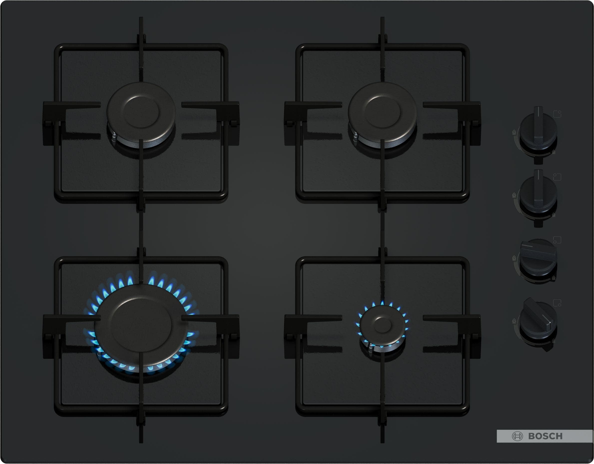 Bosch POP6B6K30, Série 2, Plaque gaz, 4 feux, 60 cm, Verre trempé noir