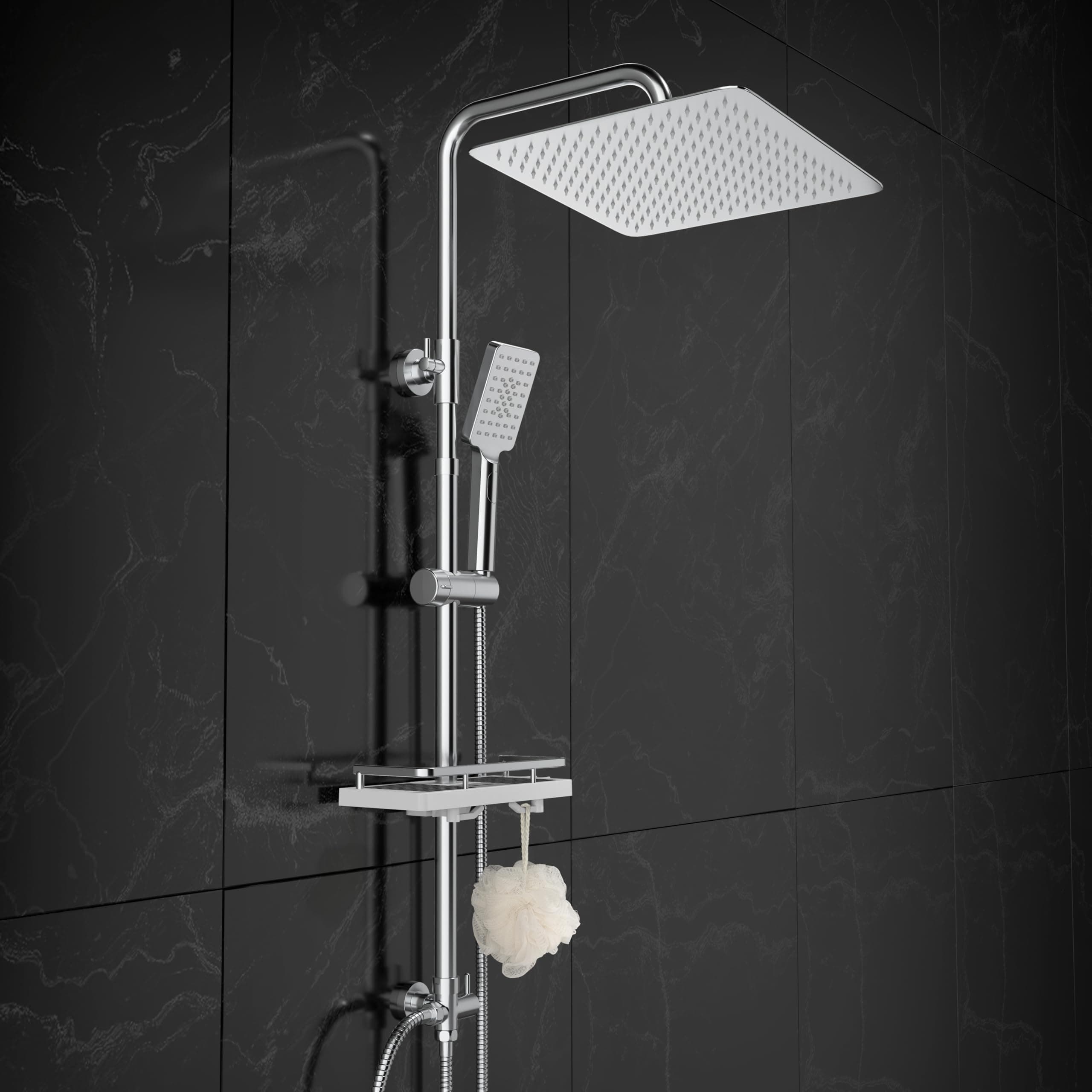 Görbach Colonna Doccia idromassaggio Acciaio Inox Senza Miscelatore Fori Muro Regolabili Cromo Asta Doccia Set Doccia a Pioggia Con Doccetta,Porta Ogetti Mensola e Soffione Doccia 25 * 25 cm