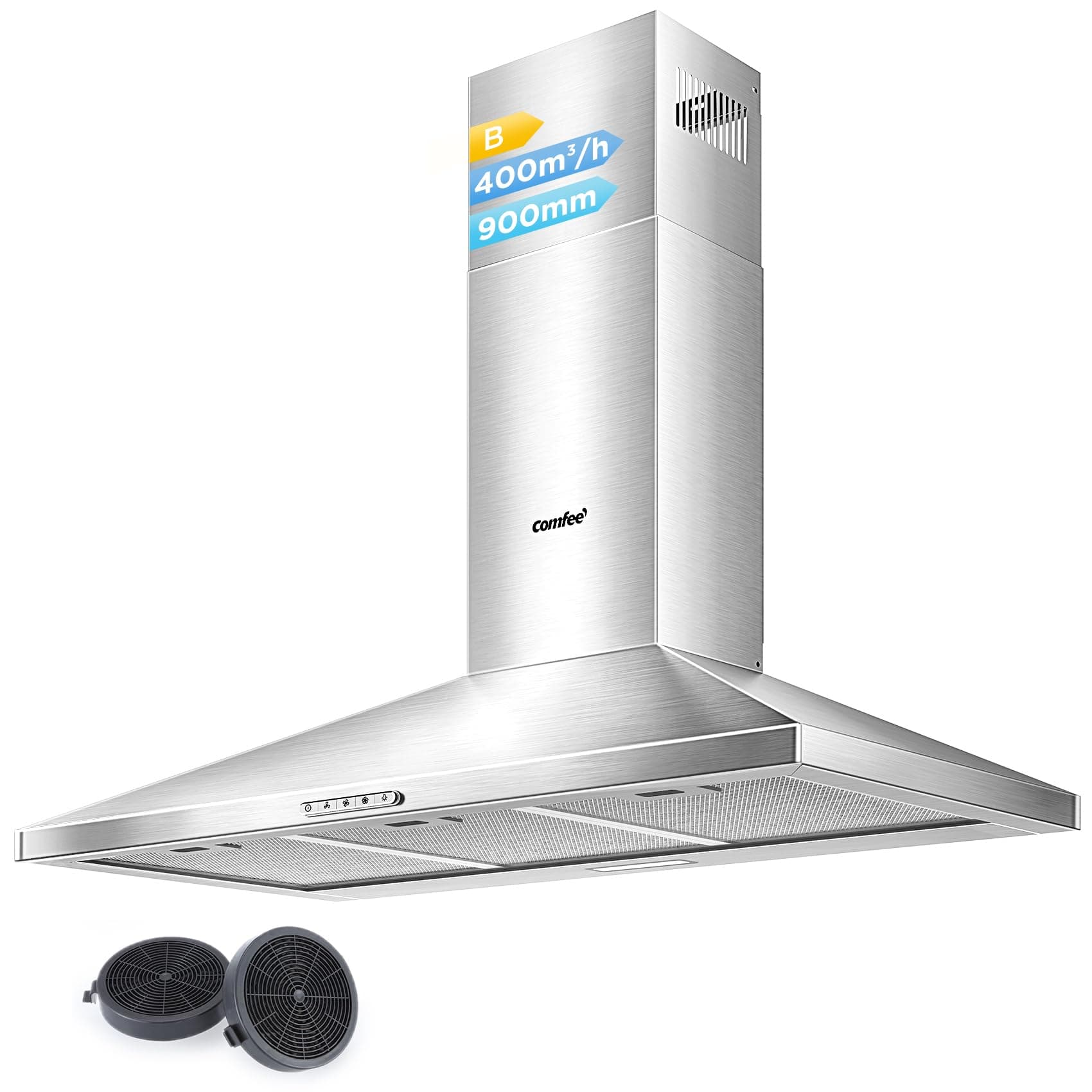 COMFEE' Cappa Aspirante 90 cm PYRA17SS-90 Acciaio Inossidabile Cappa Cucina con LED, Sistema di Ricircolo e Canalizzazione e Filtri a Carbone