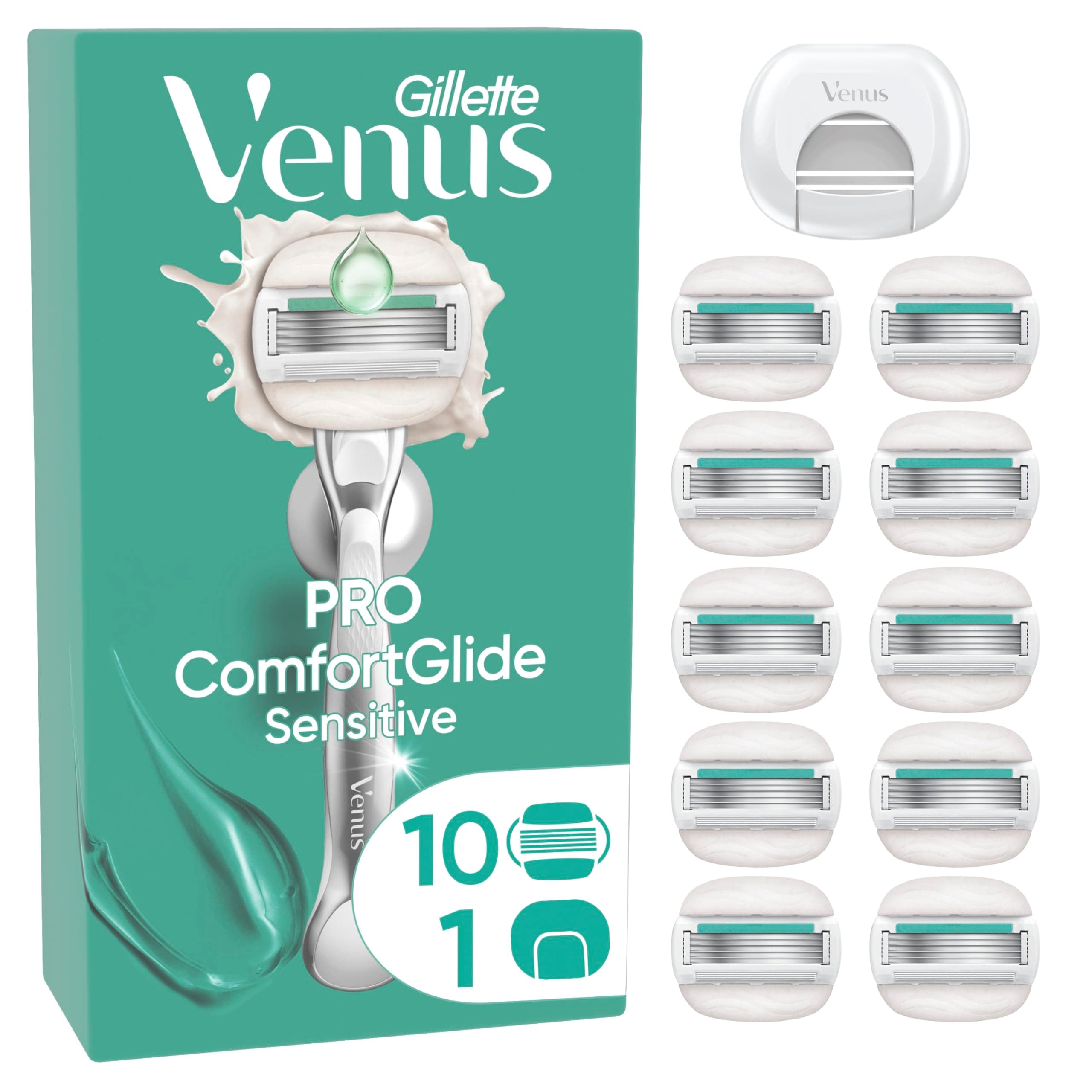 Gillette Venus Pro Comfortglide Sensitive Rasierklingen Damen, 10 Original Ersatzklingen für Damenrasierer, Nassrasierer mit Einem Hauch von Aloe Vera und Klingen-Schutzkappe — Silber