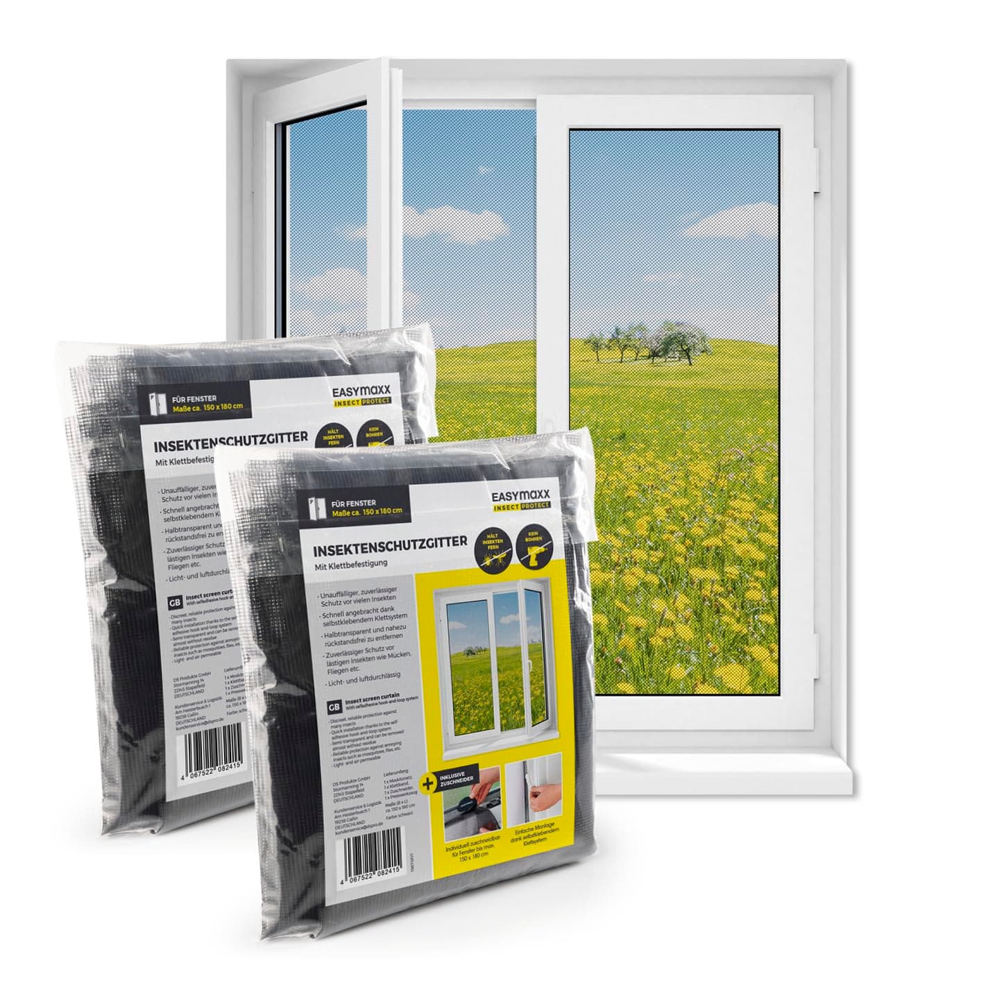 EASYmaxx Zanzariera per finestra con chiusura a strappo | Rete Anti-Insetti tagliabile fino a 150 x 180 cm | Facile installazione - senza forare e avvitare | Rete antizanzare autoadesivo [Nero]