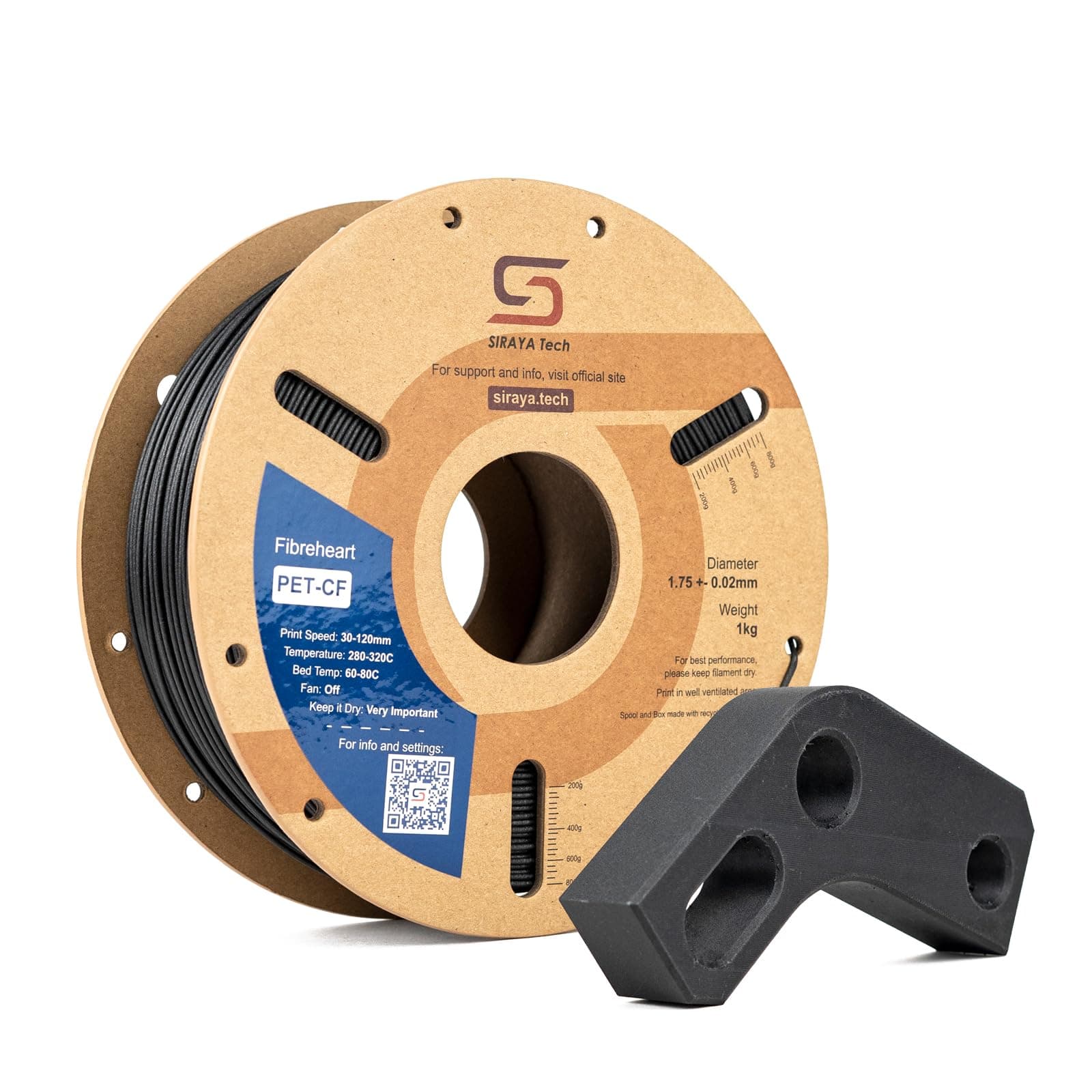Siraya Tech Fibreheart PET-CF Filamento 3D – Reforzado con fibra de carbono, alta resistencia y rigidez, fácil de imprimir, estabilidad dimensional, bolsa sellada en papel de aluminio (Negro, 1kg)