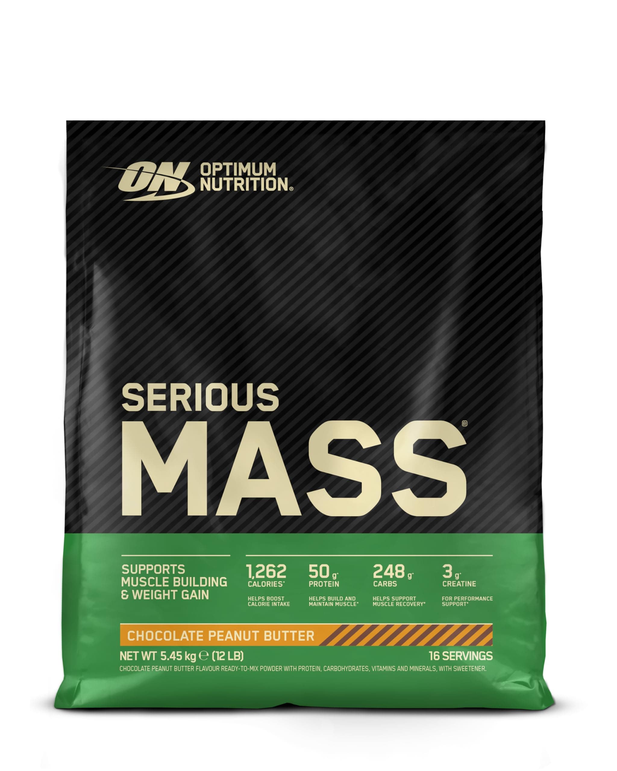 Optimum Nutrition Serious Mass Proteine in Polvere, Alto Contenuto Calorico, Aumento Peso, 25 Vitamine e Minerali, Creatina Monoidrato e Glutammina, al Cioccolato e Burro di Arachidi, 16 Dosi, 5,45 kg