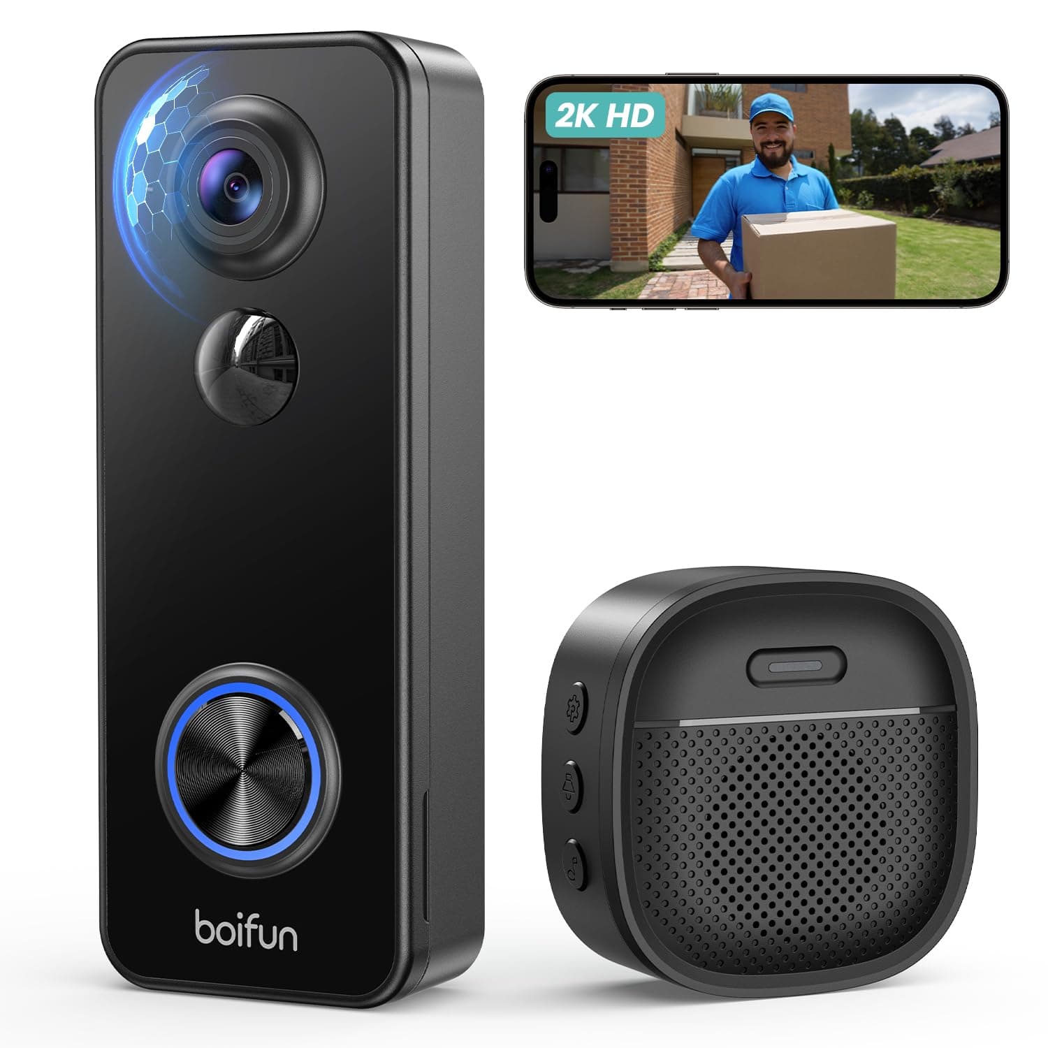 BOIFUN 2K Videocitofono Wifi Senza Fili da Esterno Campanello con Suoneria, 180°Vista Panoramica, Rilevamento Umano Intelligente AI, Audio Bidirezionale, IP65, Alexa Compatibile, 2.4GHz