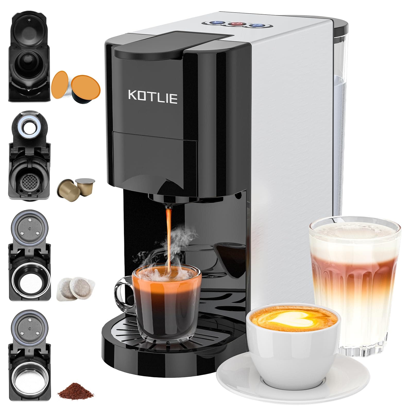 KOTLIE Expreso 4 en 1 Cafetera de Capsulas 19 Bar Alta Presión Apagado Automático Depósito Cafetera de espresso/Cafetera Capsulas AC-513K (BLACK-EU)