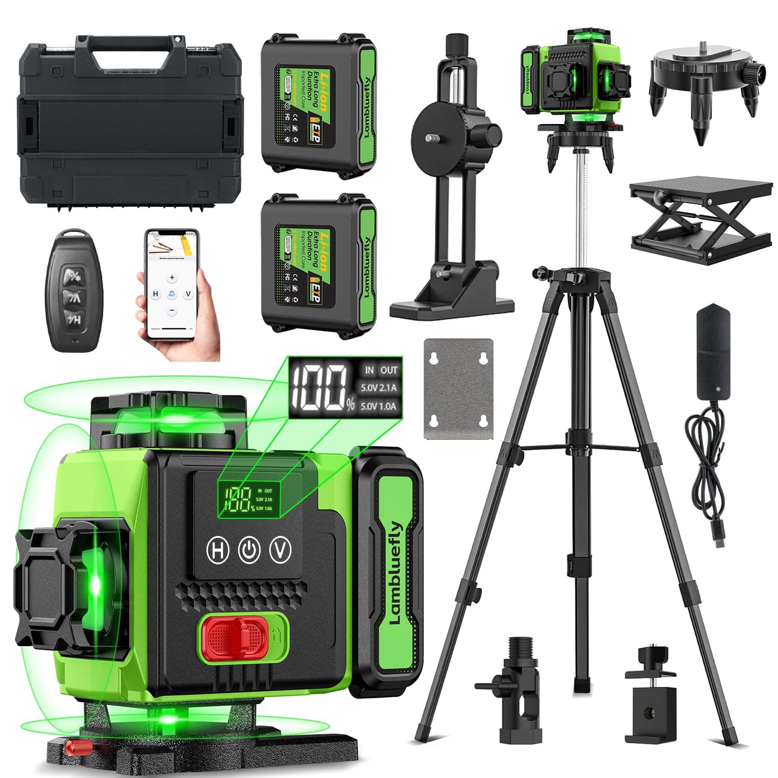 Lambluefly Niveau Laser avec Trepied 4 x 360°, 4D 16 Lignes Laser Chantier avec 2 x 5000mAh Batterie & Affichage LED, Niveau Laser 360 Autonivelant, APP, Télécommande, IP54 Étanche et Anti-Poussière
