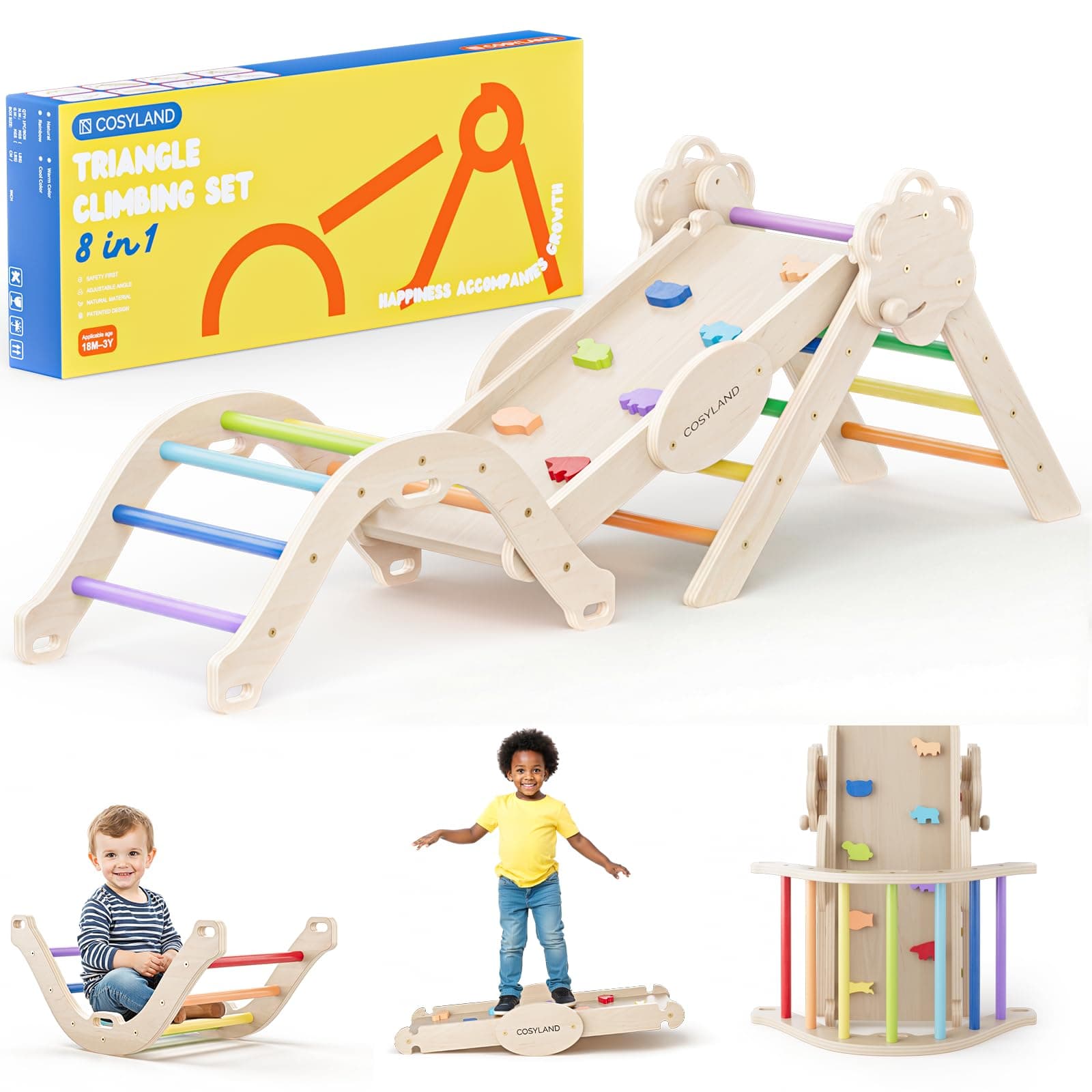 COSYLAND Set di Arrampicata 8 in 1 per Bambini – Triangolo Pikler e Arco Montessori Compatti con Scivolo, Struttura Pieghevole da Interno 18M–3A per Gioco Motorio e Arrampicata（Arcobaleno Classico）
