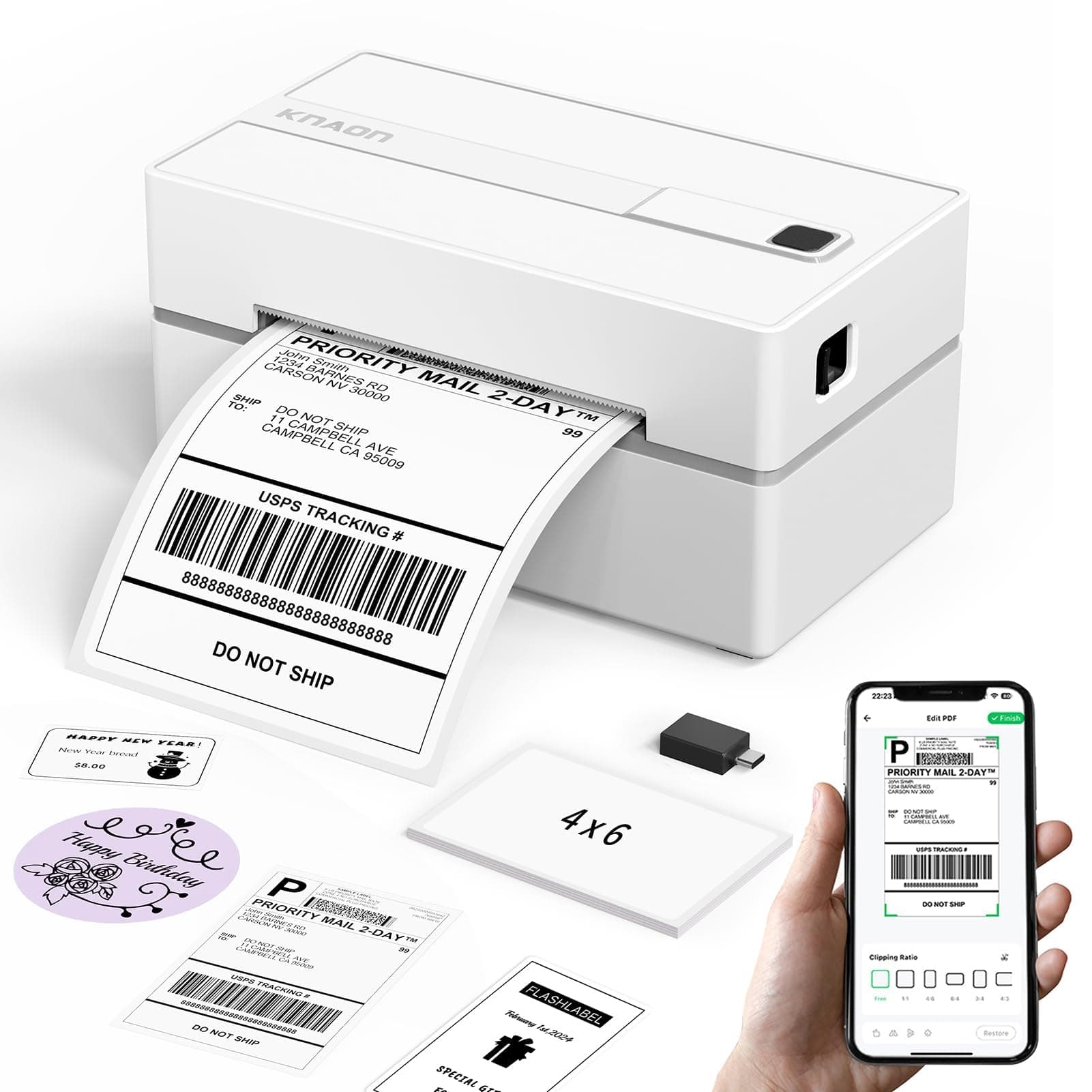 KNAON Imprimante Thermique Portable Bluetooth, Imprimante d'Étiquettes d'Expédition 4x6 sans Fil pour Colis et Vinted, Petites Entreprises, Compatible avec iPhone/Android/Mac/PC/Colissimo, Blanc