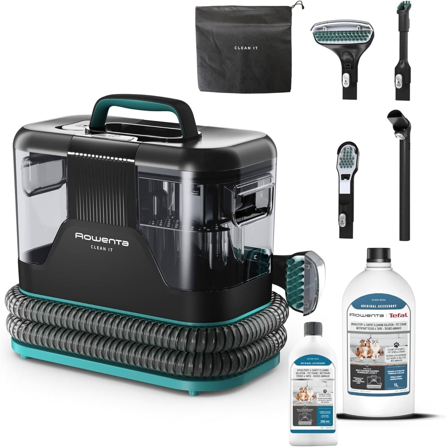Rowenta Clean It, Aspirador de tapicerías + 2 botellas de solución de limpieza para mascotas (250ml + 1L), Limpieza rápida de derrames y manchas, Suciedad de Mascotas, Potencia de 750W, IN5020F0MAN