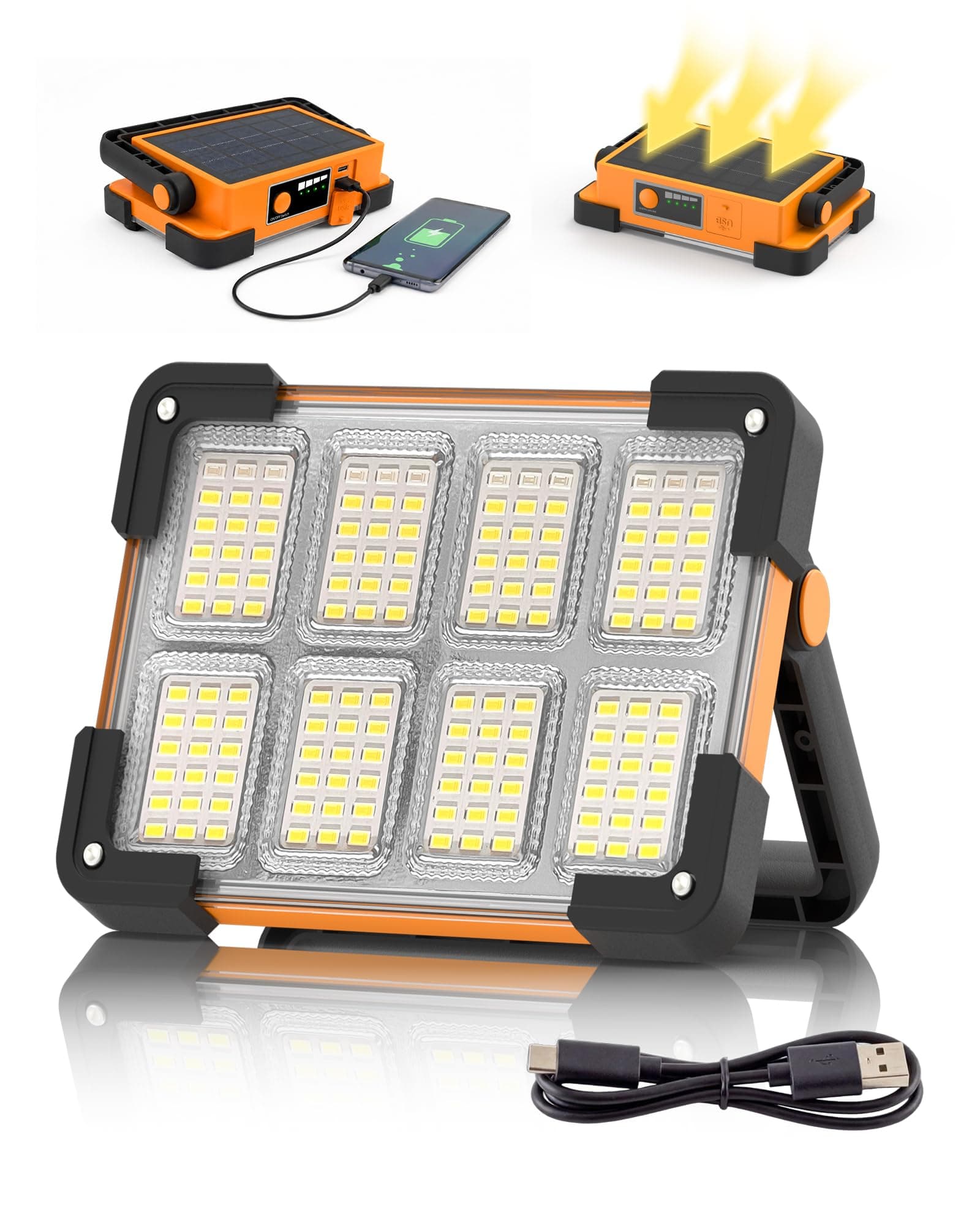 Projecteur LED Rechargeable,Projecteur LED Chantier Portable Solaire & Batterie Rechargeable,4 Modes 6000mAh Lampe de Travail Pour Camping, Chantier, Garage, Atelier