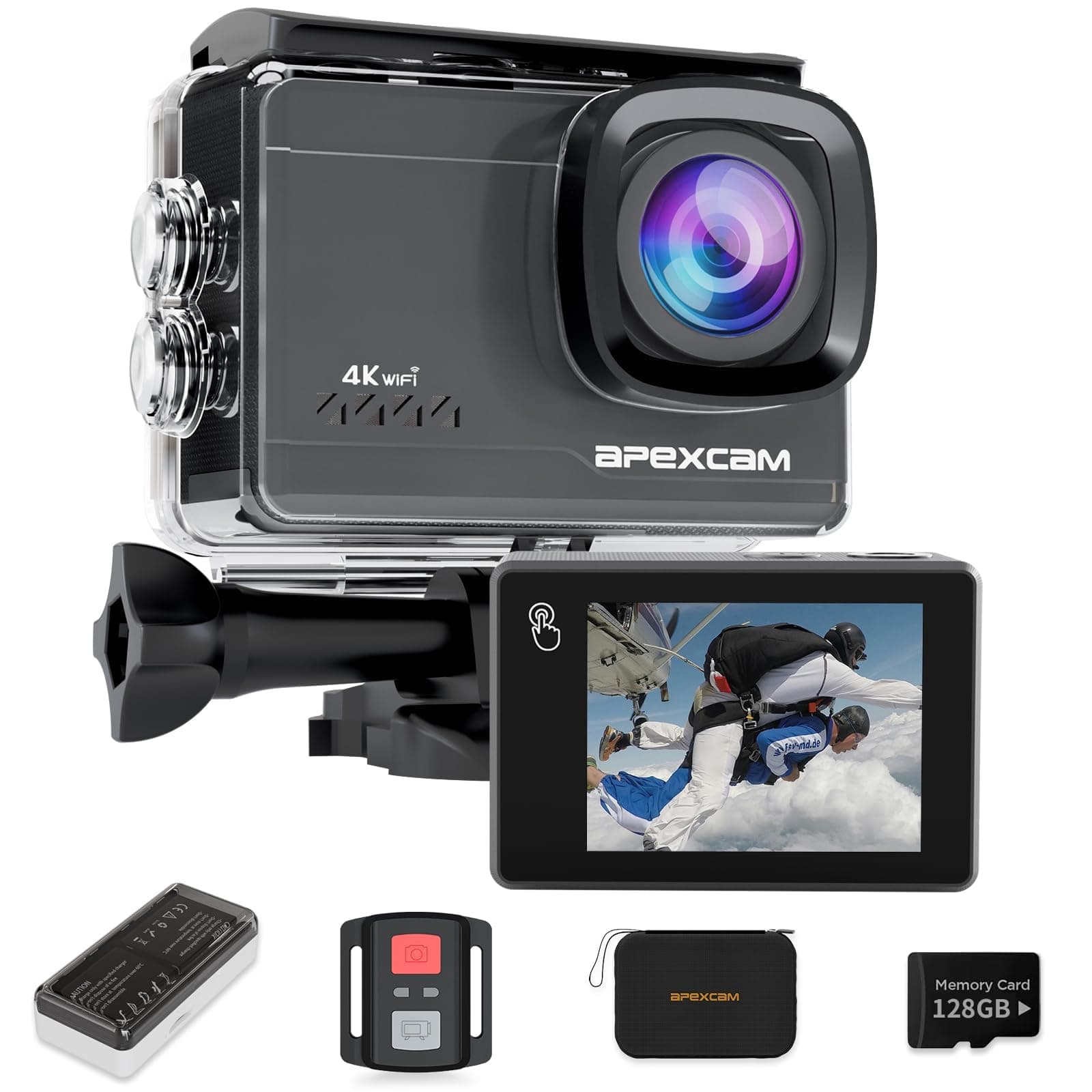 Apexcam M90 cámara Deportiva 4K/64MP con 128G Tarjeta cámara acción EIS con Pantalla táctil WiFi 8X Zoon cámara Sumergible subacuática 40M y Mando a Distancia con Dos 1350*baterías y Otros Accesorios