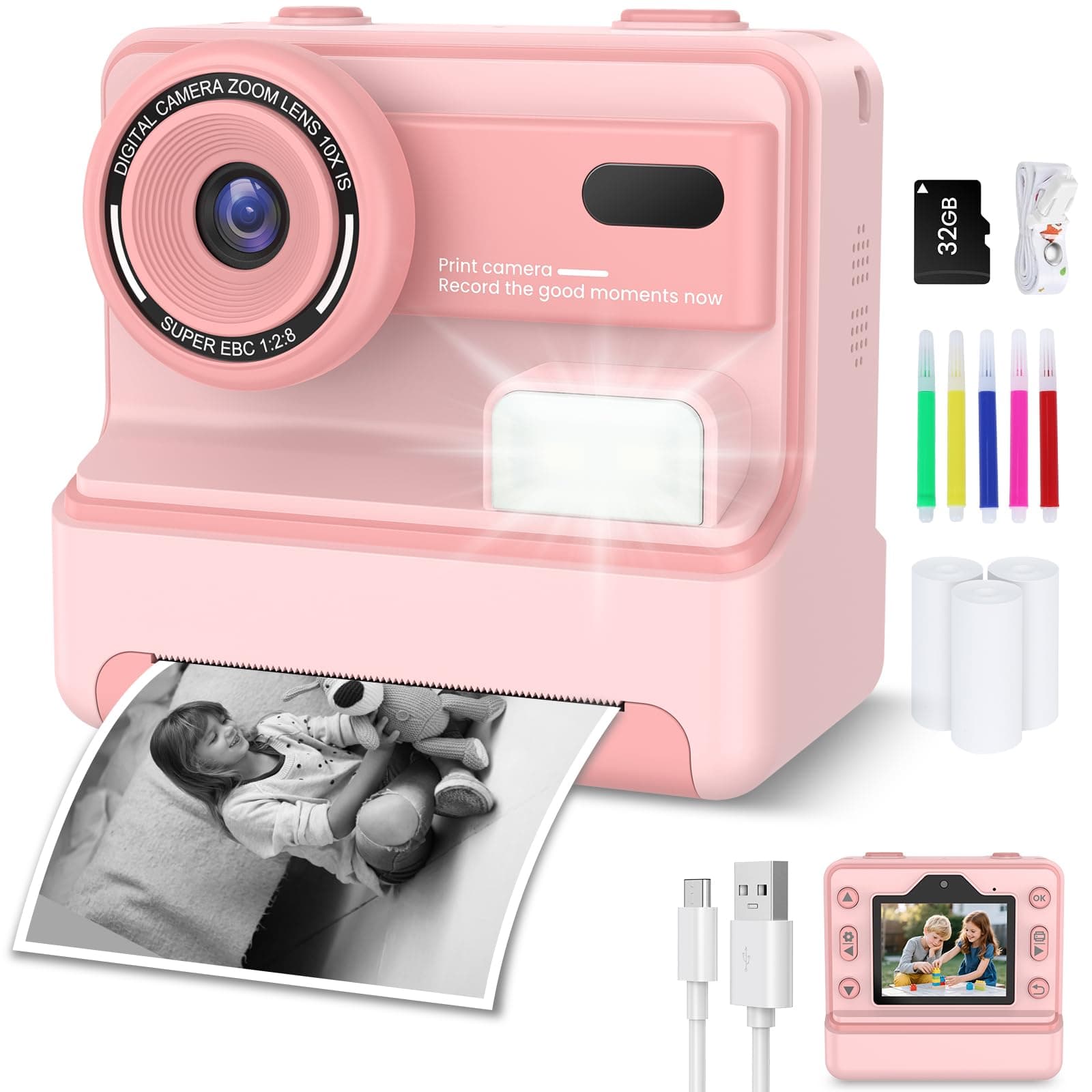 Camara Fotos Infantil Instantanea, 2.4'' HD 1080P Camara de Fotos Instantaneas con Tarjeta de 32G y Papel de Impresión, Zoom de 10x Cámara Instantánea, Regalos Juguete para Niños de 3 a 14 Años
