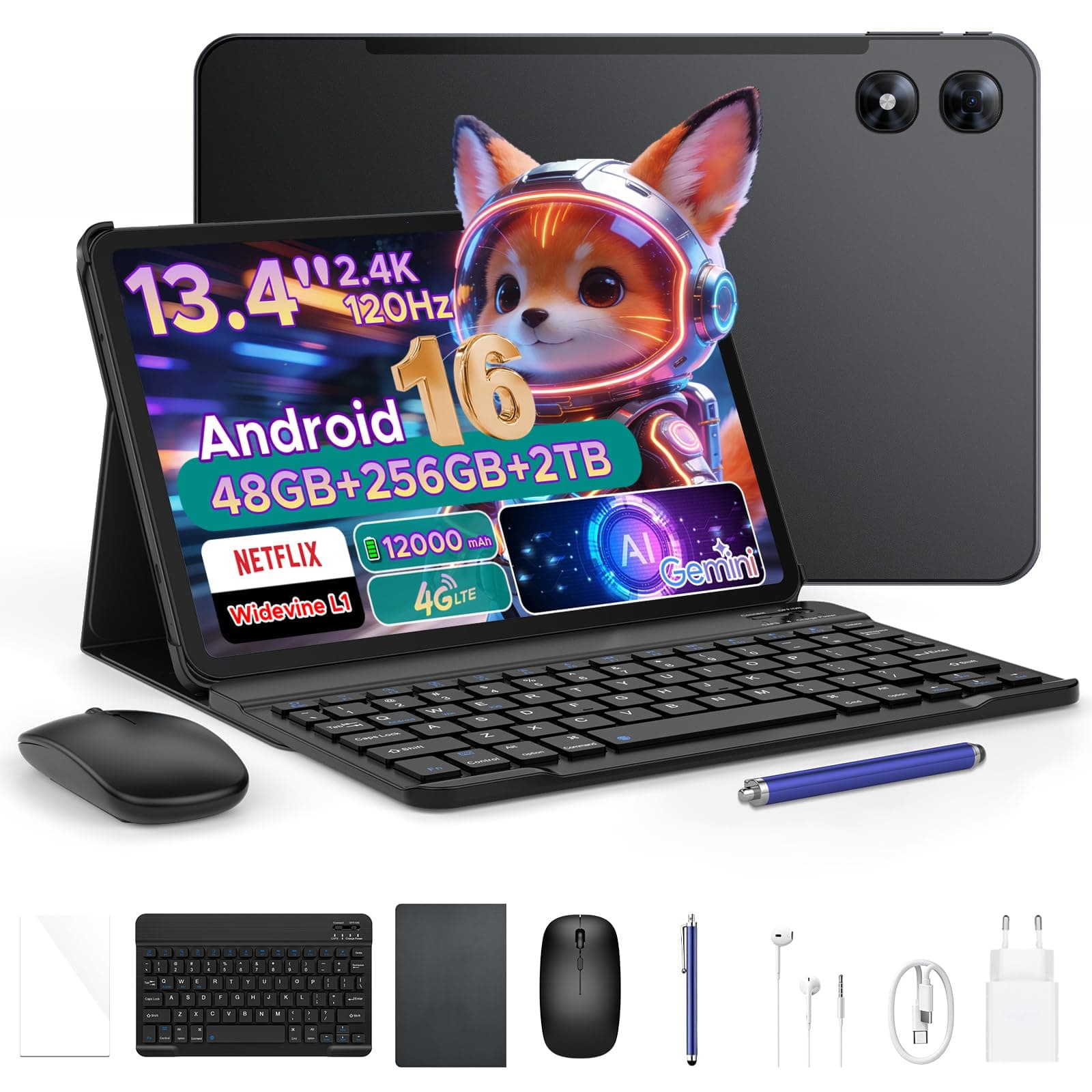 P13 Pro Tablet 13 Pulgadas 120Hz Android 16, 48GB RAM + 256GB ROM(TF 2TB), Tablet con Teclado y Lapiz, T7280 Octa-Core, 12000mAh/18W, 16MP+8MP, Gemini AI, Widevine L1, Face ID, Dual SIM 4G, Negro
