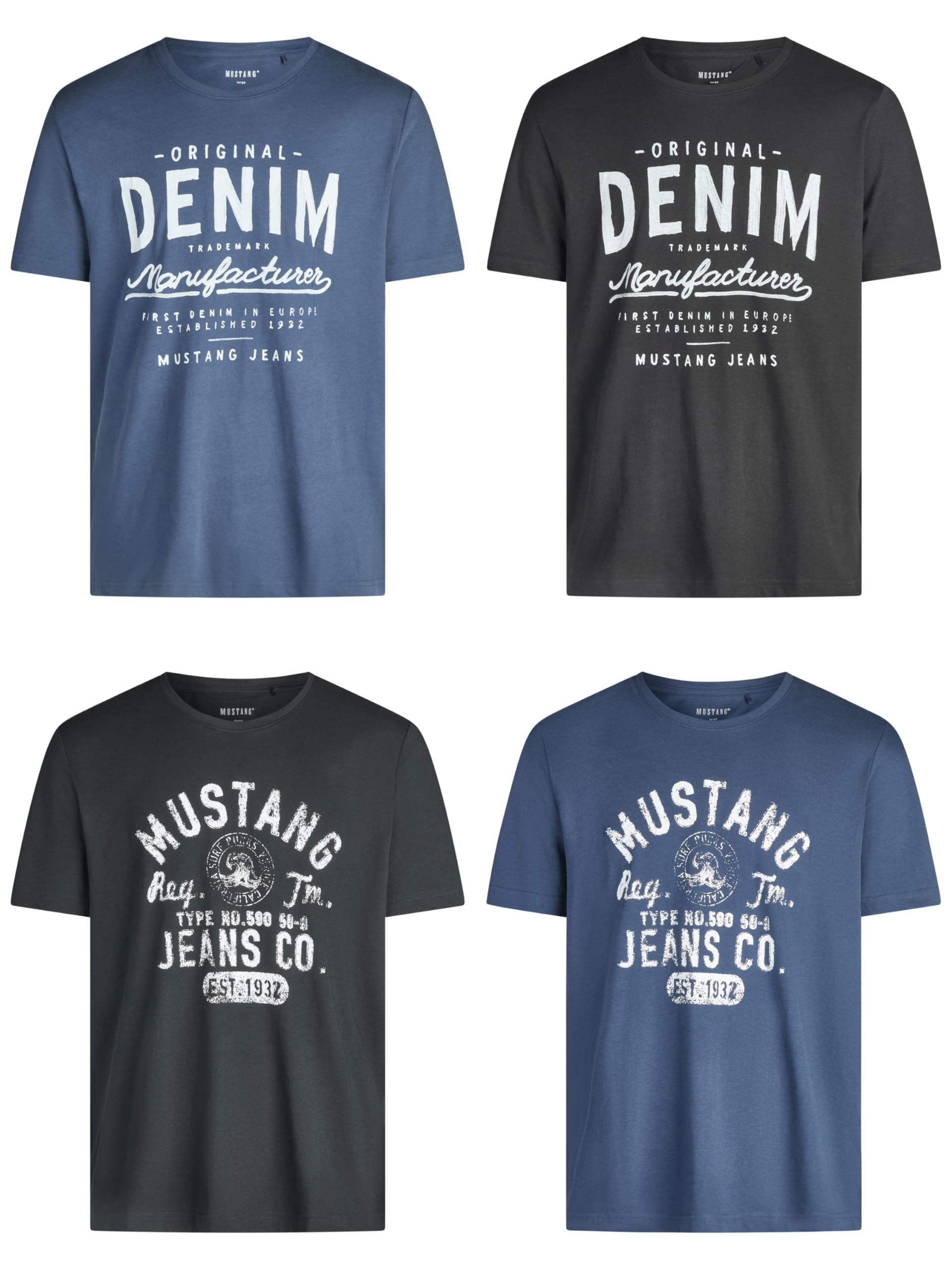 MUSTANG Tshirt Herren Baumwolle Regular Fit 4er Pack Set Rundhals Kurzarm Sommer Tee Shirt Logoprint Schwarz Weiß Grau Blau Grün S M L XL XXL 3XL 4XL 5XL 6XL