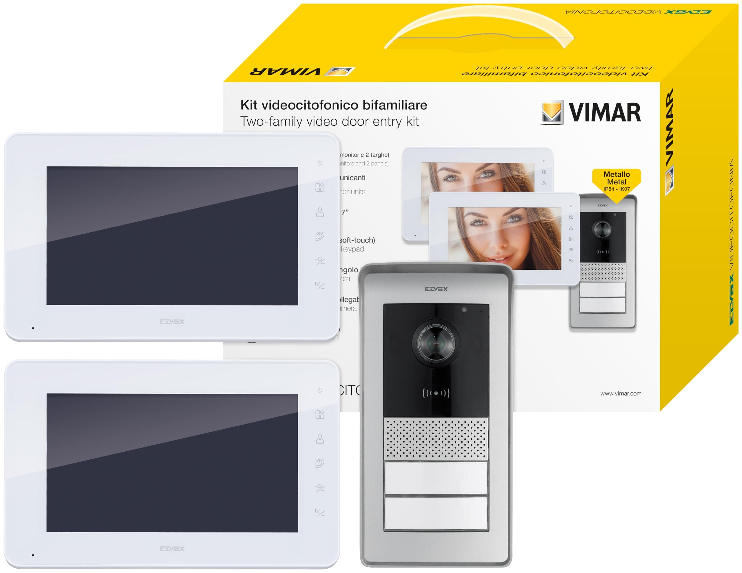 Vimar K42931 Kit videocitofono Multifamiliare, alimentatore barra DIN, videocitofoni con tastiera capacitiva, targa con lettore RFID con 2 pulsanti, staffe per fissaggio, tradizionale