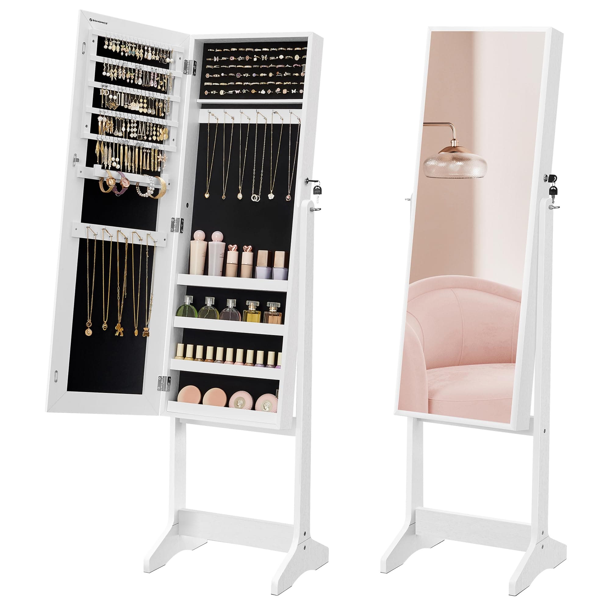 SONGMICS Espejo Joyero, Armario para Joyas, Armario Joyero Bloqueable, Espejo de Longitud Completa, regalo dia de la madre, Montaje Sencillo, Superficie Blanca y Forro Negro JJC69WT