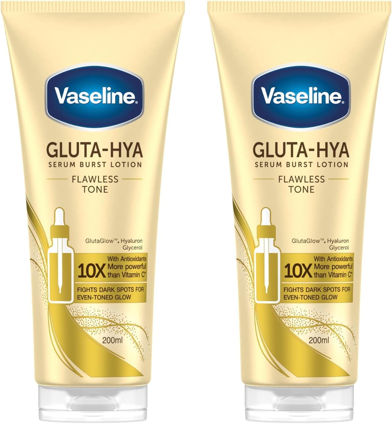 Vaseline Gluta-Hya Flawless Tone, Antioxidantienreiche Feuchtigkeitslotion, Gegen Pigmentflecken, Mit Leichter Textur, Schnelles Einziehen, Gleichmäßiger Teint, GlutaGlow und Hyaluronsäure, 2x 200 ml
