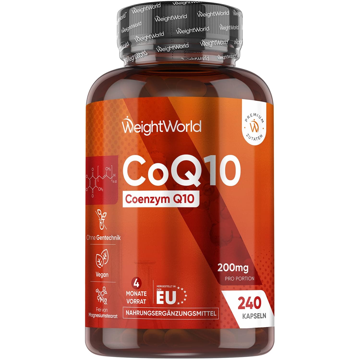 Coenzym Q10-200 mg pro Portion - 240 CoQ10 Kapseln - Aus Fermentation - Frei von Magnesiumstearat & Gentechnik - Q10 Coenzym (als Ubichinon) für Männer & Frauen - 4 Monate Vorrat - Von WeightWorld