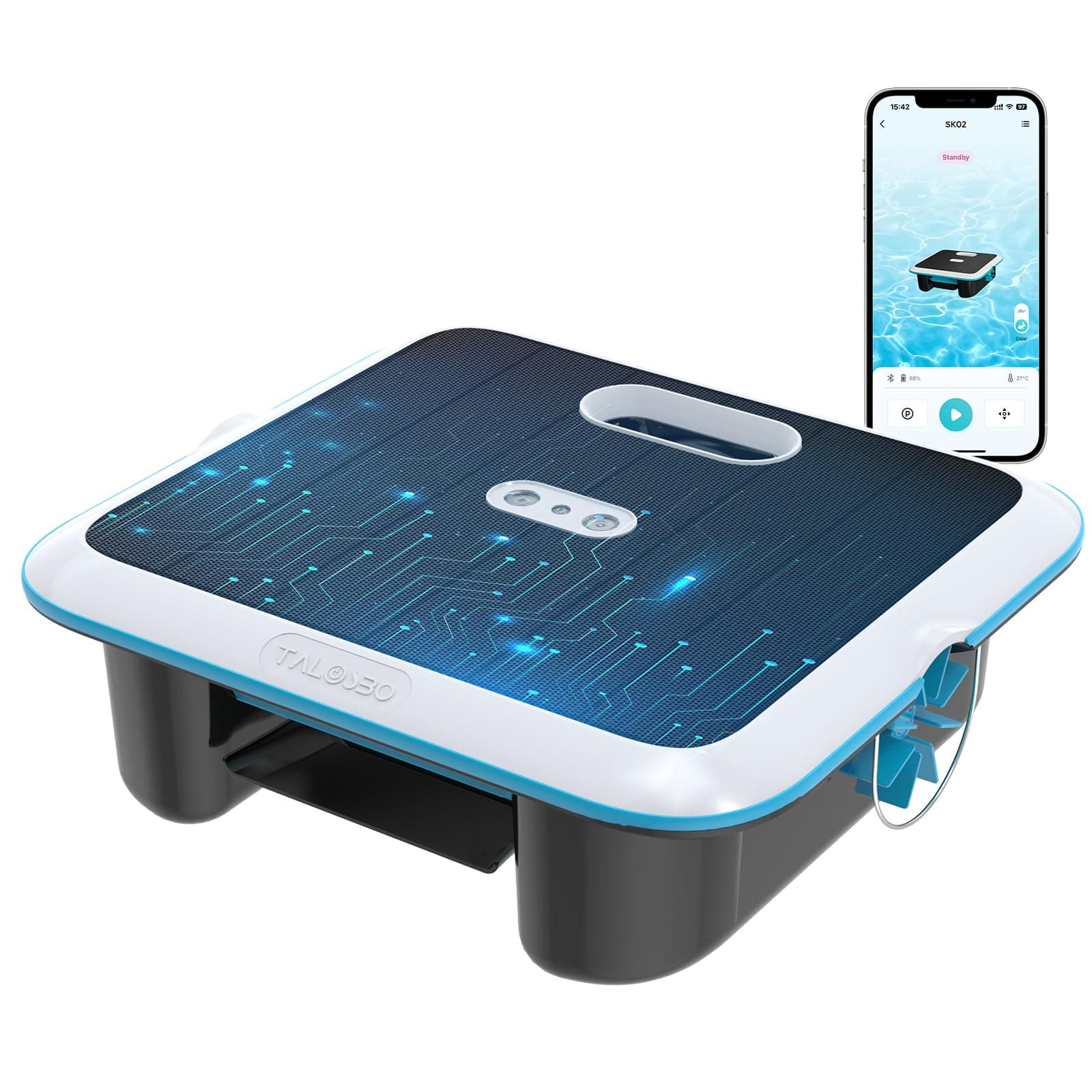 TALOSBO SK02 Robot Skimmer Solaire de Piscine, Robot Piscine sans Fil, Double Recharge, Sonde de Température, Contrôle App, Skimmer Piscine Hors Sol Automatique 24/7
