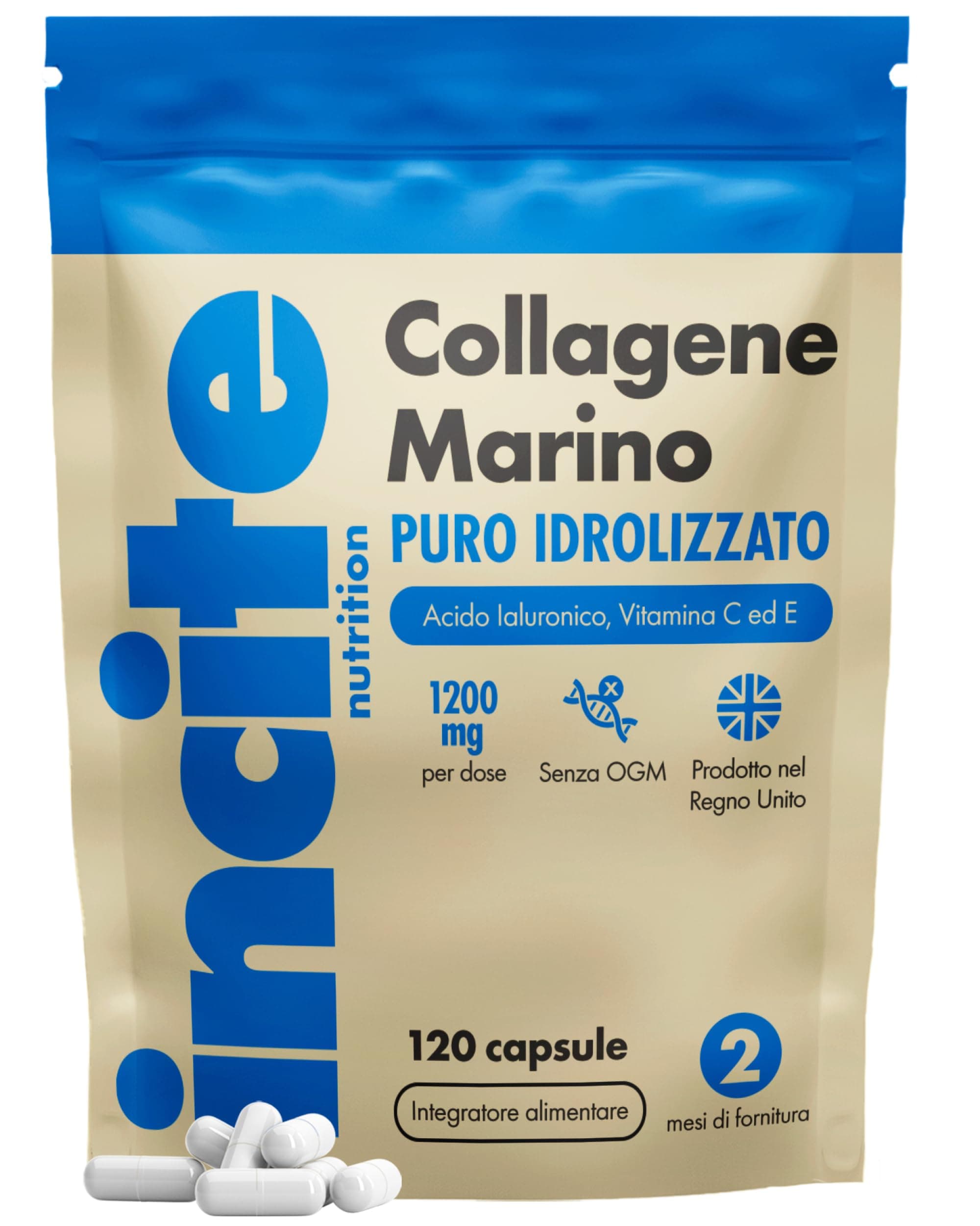 Incite Nutrition Collagene Marino 1200mg | Integratori di capsule di collagene ad alta resistenza per collagene marino idrolizzato di tipo 1 puro superiore unisex, 120 pezzi (confezione da 1)