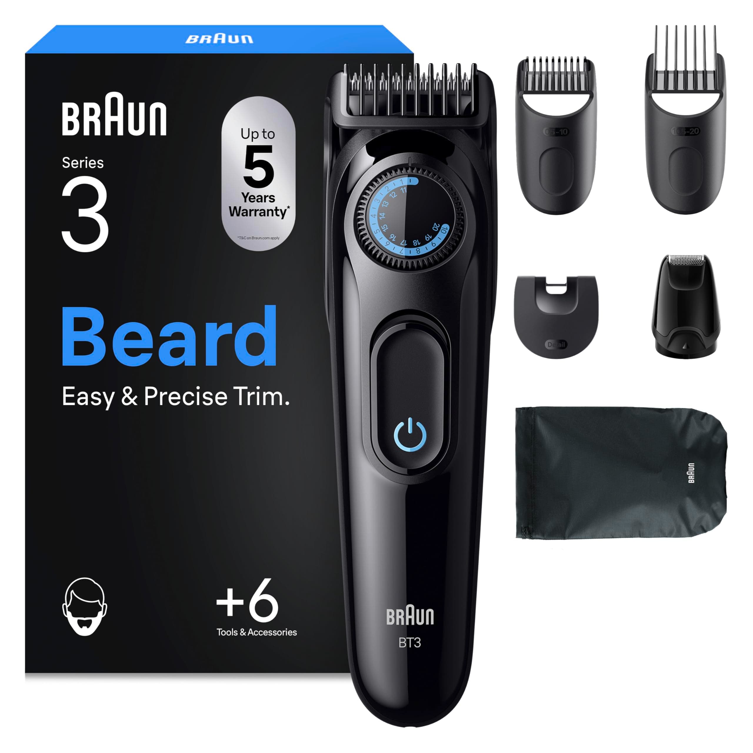 Braun Regolabarba Uomo Series 3, +6 Strumenti Di Styling, Lama Ultra Affilata, 50 Min Di Utilizzo, 40 Lunghezze, Rasoio Elettrico Barba, BT3565, Nero/Blu
