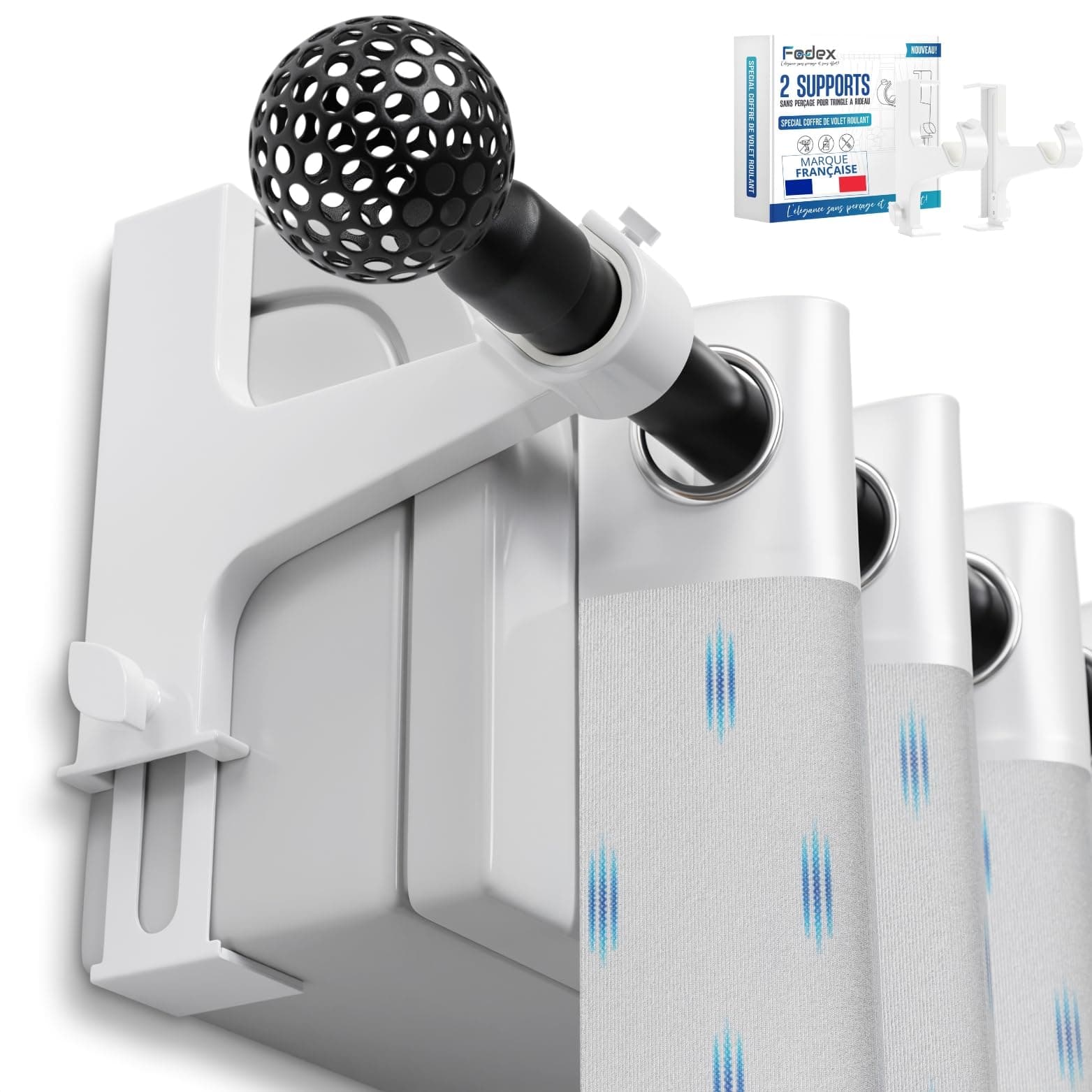 FODEX Ensemble de 2 Supports pour Tringle à Rideaux Sans Perçage et Sans Outil - Spécial Coffre de Volet Roulant - MODÈLE Optimisé pour tringles de Ø16 à 28mm-En Métal-Marque Française (Blanc)