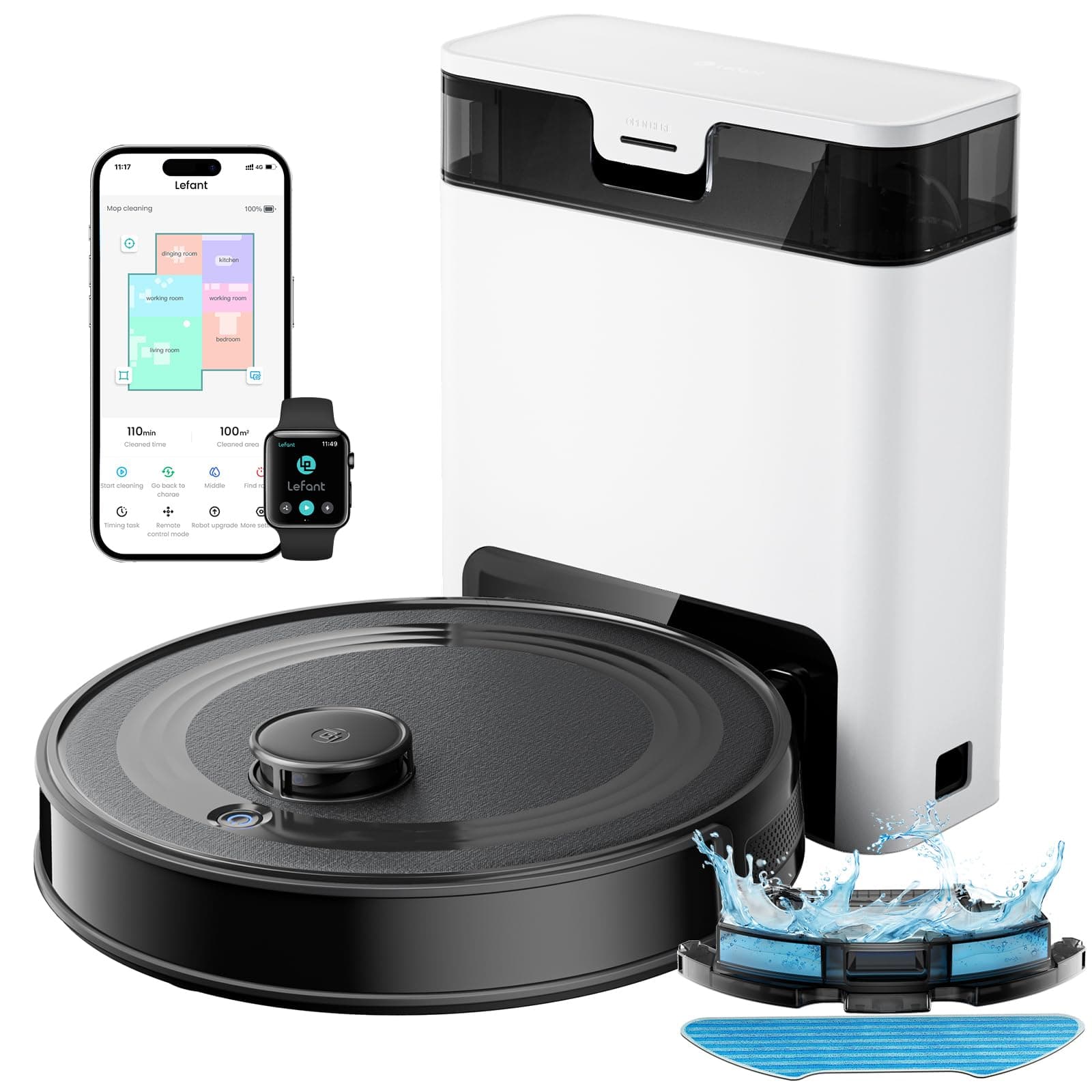 Lefant M2 Pro Robot Aspirateur Laveur 6000Pa avec Station Vidage Automatique Poussière,Navigation Laser avec Cartographie,Nettoyage Personnalisé, Évitement d'obstacles PSD, Idéal pour Poils d'animaux