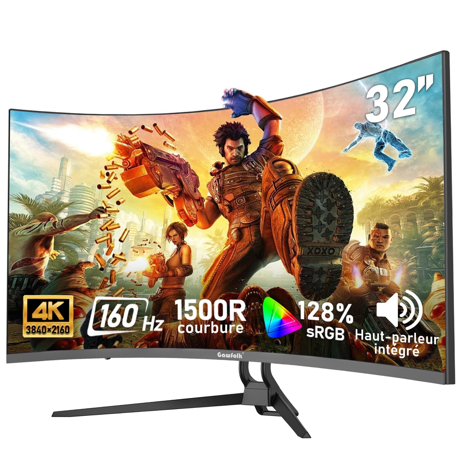Gawfolk Écran PC 32 pouces 4K UHD incurvé 1500R, moniteur de jeu eSports 160Hz, 1ms, Adaptive Sync, 128%sRGB, grand angle de vision 178°,Haut-parleur intégré,HDMI 2.1, DisplayPort, VESA 75*75mm-Noir