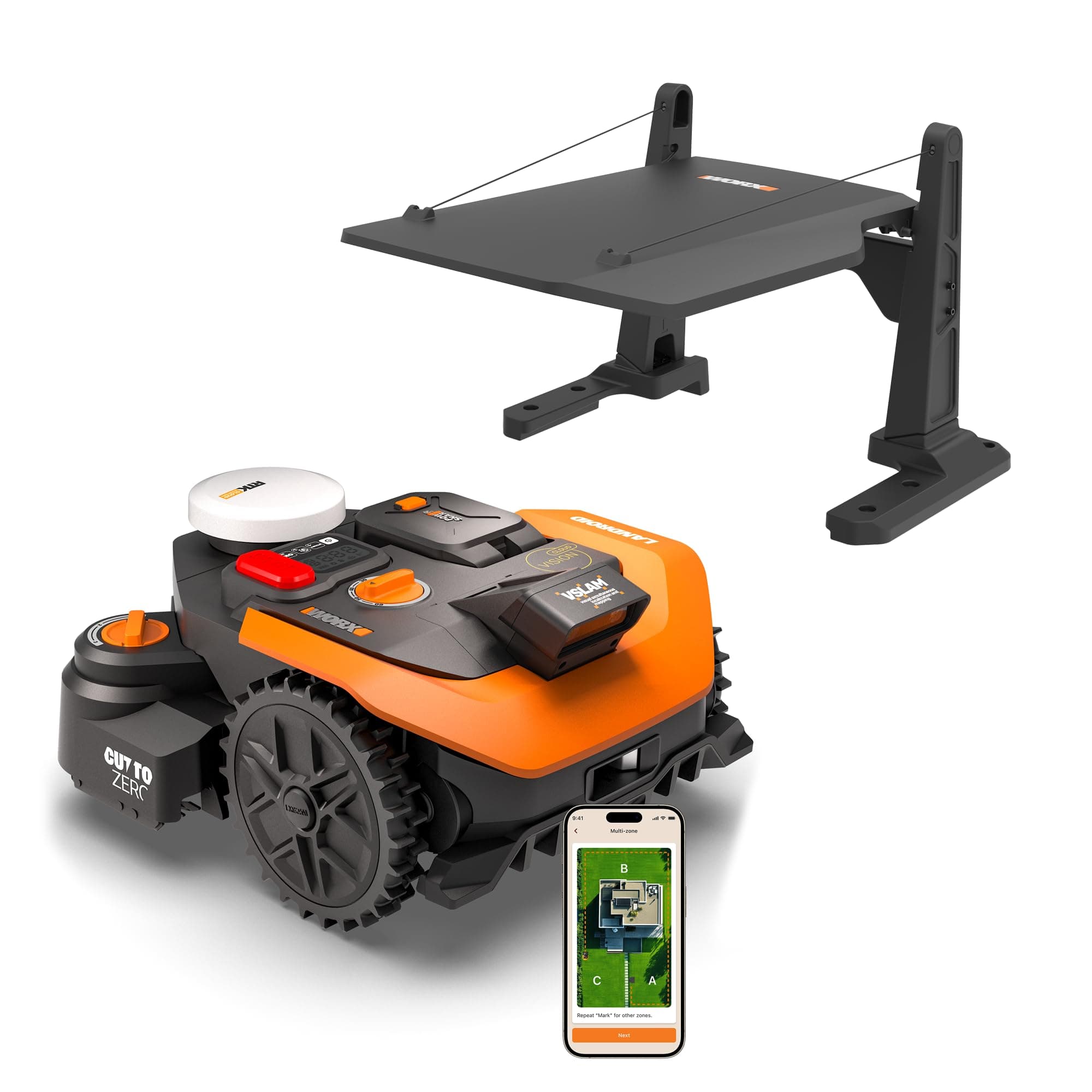 WORX Vision Cloud 2WD WR308E Robot tondeuse 800 m² sans fil périphérique + Garage (évitement d'obstacles par IA, navigation VSLAM + RTK Cloud, cartographie auto, contrôle via application, Cut-to-Zero)