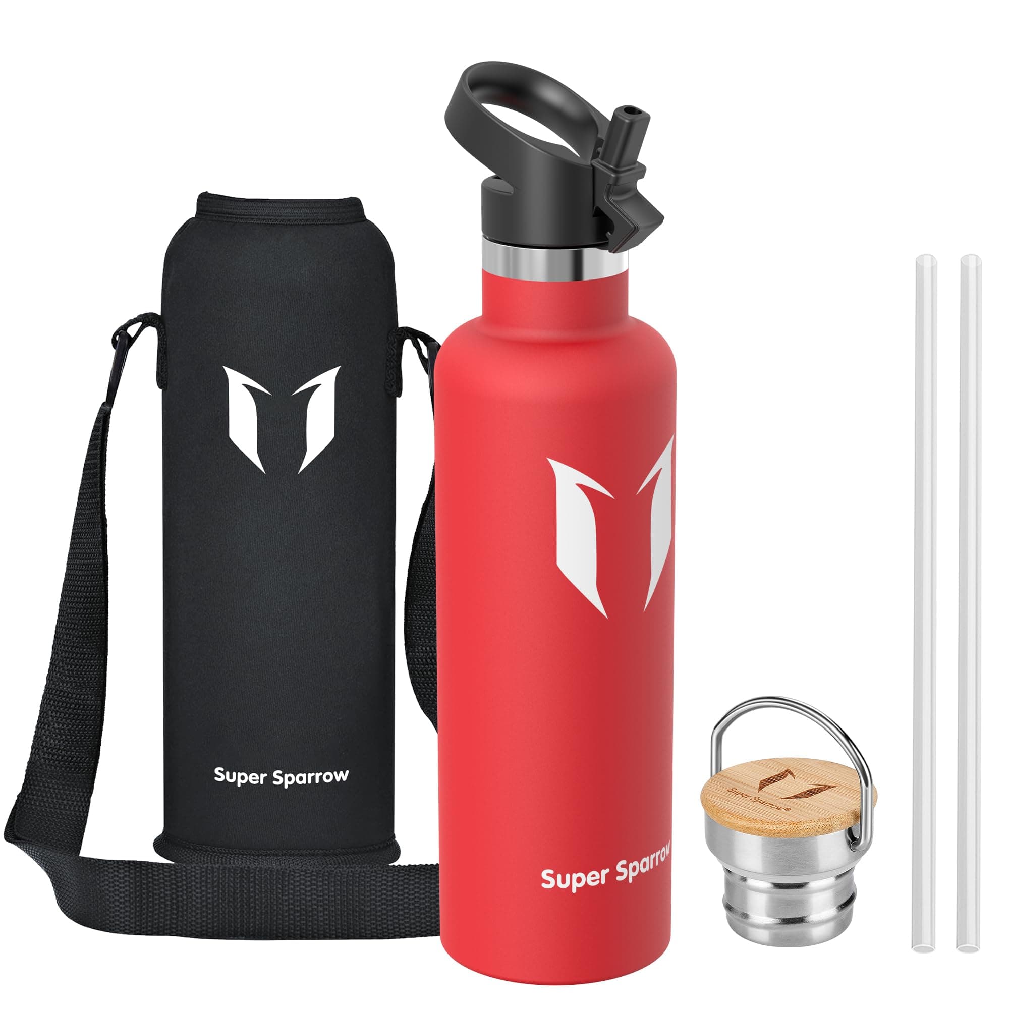 Super Sparrow Trinkflasche Edelstahl - 500ml/750ml/1L - Auslaufsicher Thermoskanne, BPA-Frei Wasserflasche - Thermosflasche Kinder für Sprudel, Sport, Schule, Fitness - Mit 2 Deckeln