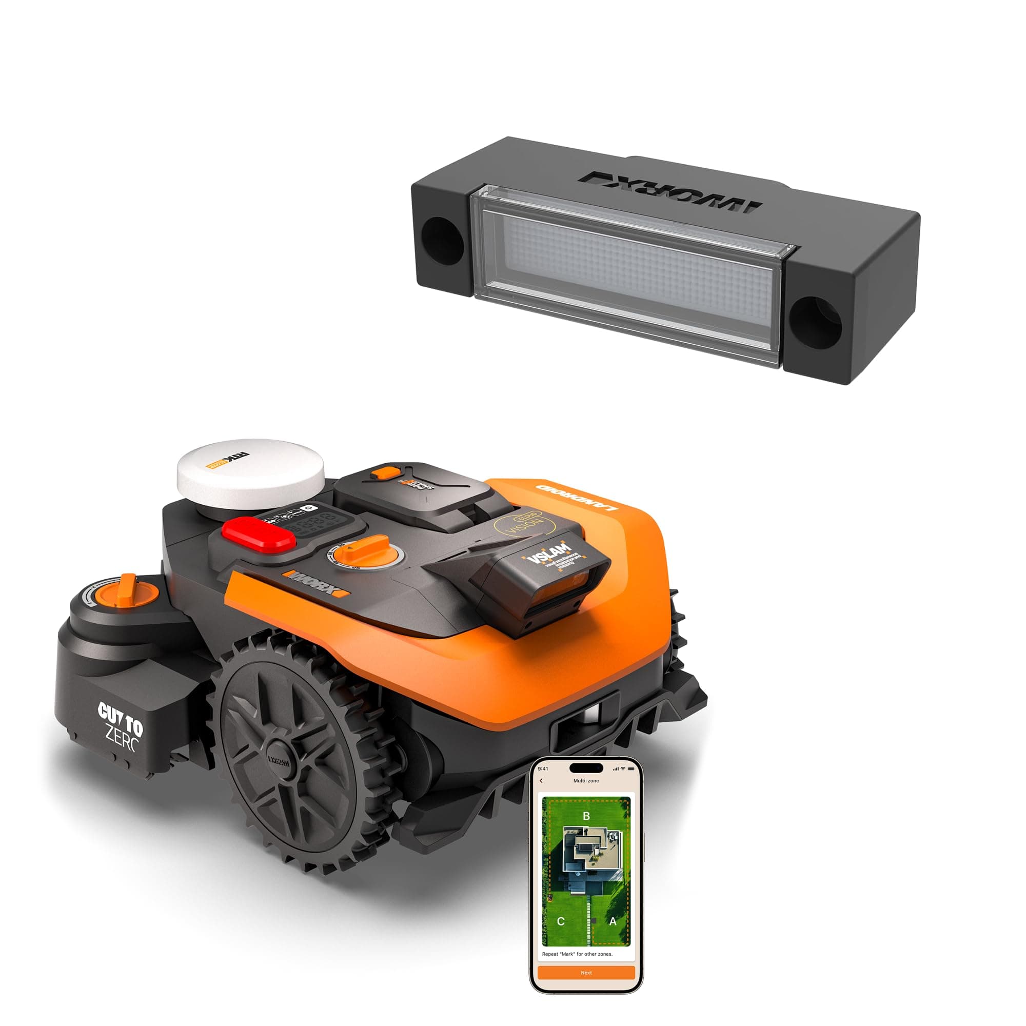 WORX Vision Cloud 2WD WR308E Robot Tondeuse 800 m² sans Fil périphérique + Phares LED (évitement d'obstacles par IA, Navigation VSLAM + RTK Cloud, cartographie Auto, contrôle Via app, Cut-to-Zero)